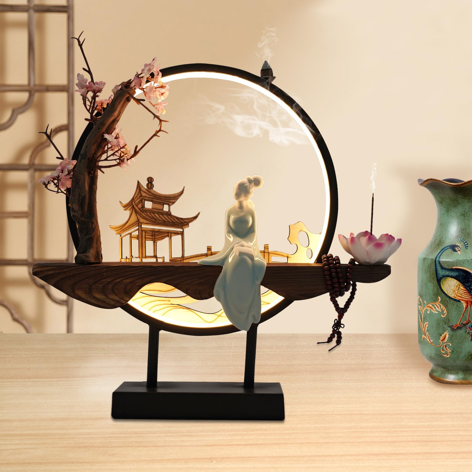 Backflow Incense Holder, Ceramic Incense Burner with Adjustable LED Light, Chinese Style Ornament Incense Holders with Backflow for Relaxing and Home Decor