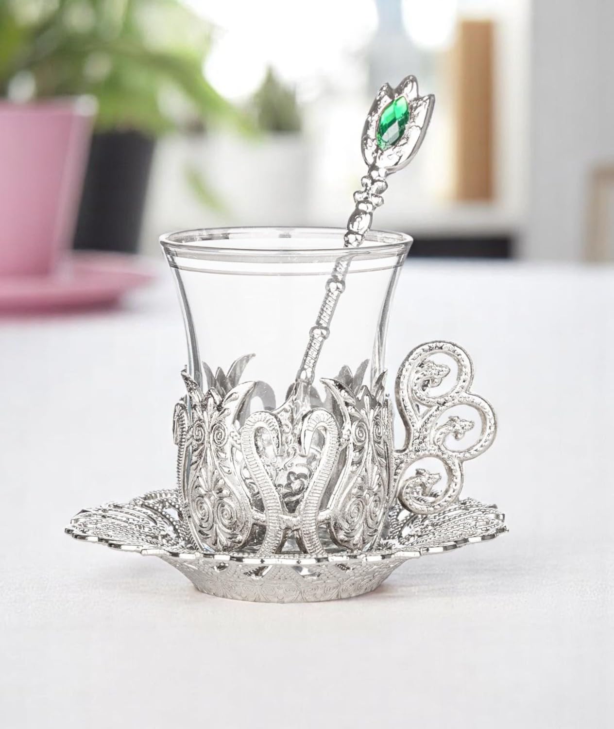 Alisveristime (SET OF 6 Handmade Turkish Tea Water Zamzam Serving Set Glasses Saucer and Spoon (Ottoman) (Gold)