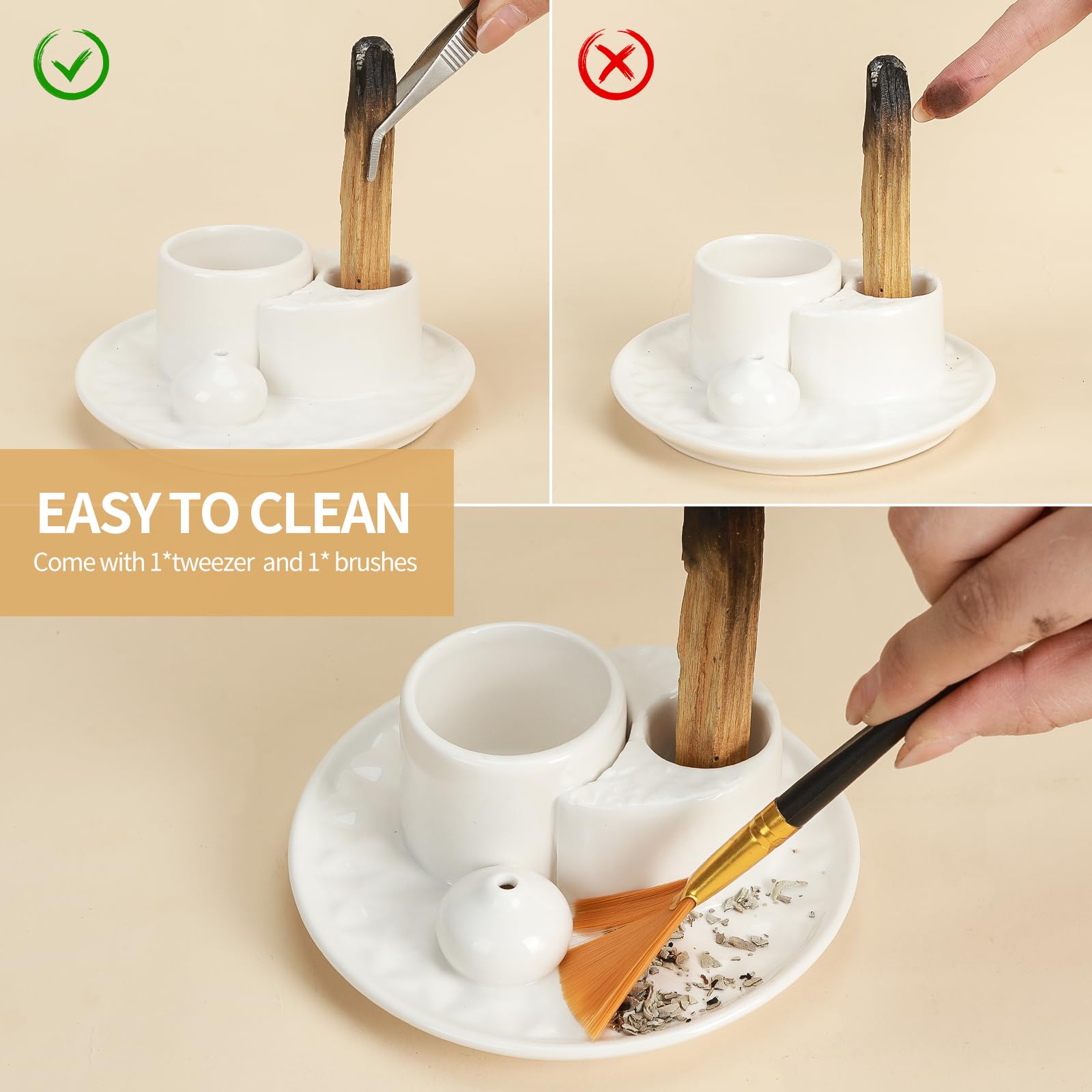 Handmade Ceramic Incense Burner for Palo Santo Incense Sticks, 4 in 1 Multi-Purpose Sage Holder for Burning, Ash Catcher Tray for Meditation Yoga Room (Golden)