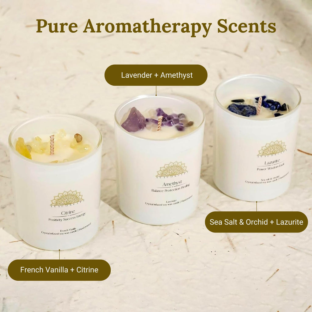 AVACONCEPT Crystal Infused Soy Wax Candle Gift Set Aromatherapy Scented Candles with Healing Crystals Natural Hand-Poured Luxury for Relaxation & Home Décor (Sunstone & Amethyst & Amazonite)