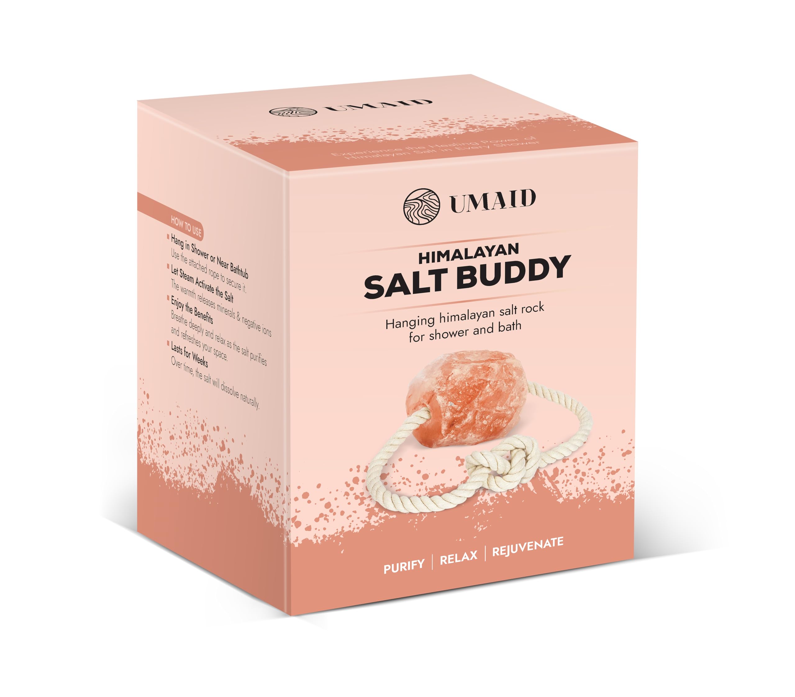UMAID Himalayan Bath Salt Buddy™ 2 lb – Hanging Mineral Salt Rock for Shower & Bath, Solid Pink Himalayan Stone for Natural Steam, Relaxation & Spa-Like Self-Care, Unique Gift for Men & Women
