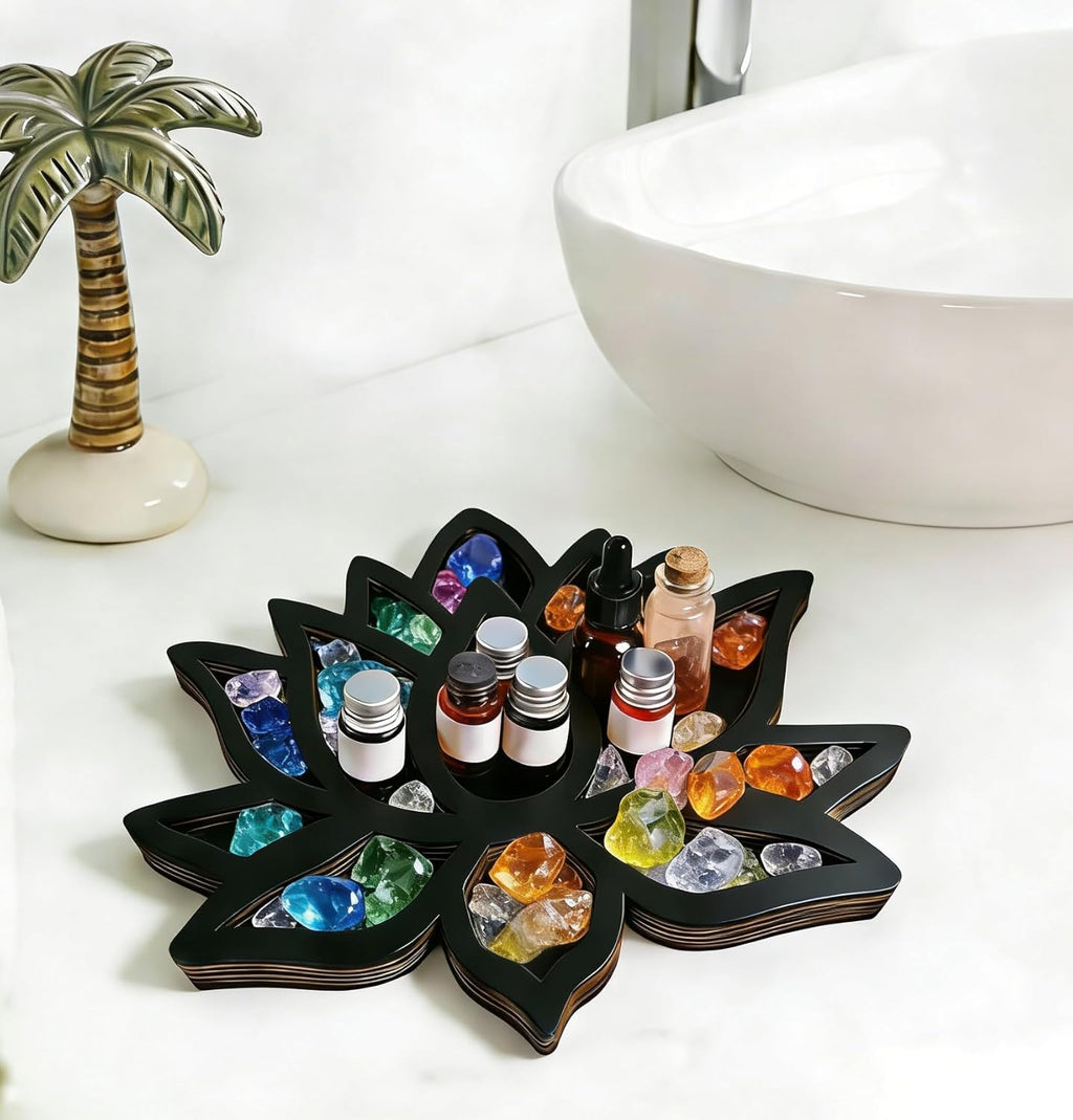Wooden Crystal Display Shelf Lotus Floating Shelf Gothic Rustic Boho Style Wall Art Decor,Display Shelf Suitable for Crystals, Essential Oils, Rocks, and Collectibles 11.8x9.64x0.9 Inches