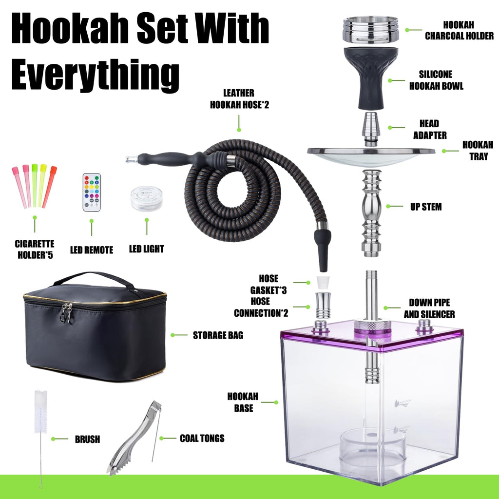 2 Hose Large Cloud Production Acrylic Hookah Set with Everything, Travel Kit with LED Hookah Machine for Shisha Smoking Experience（Black）