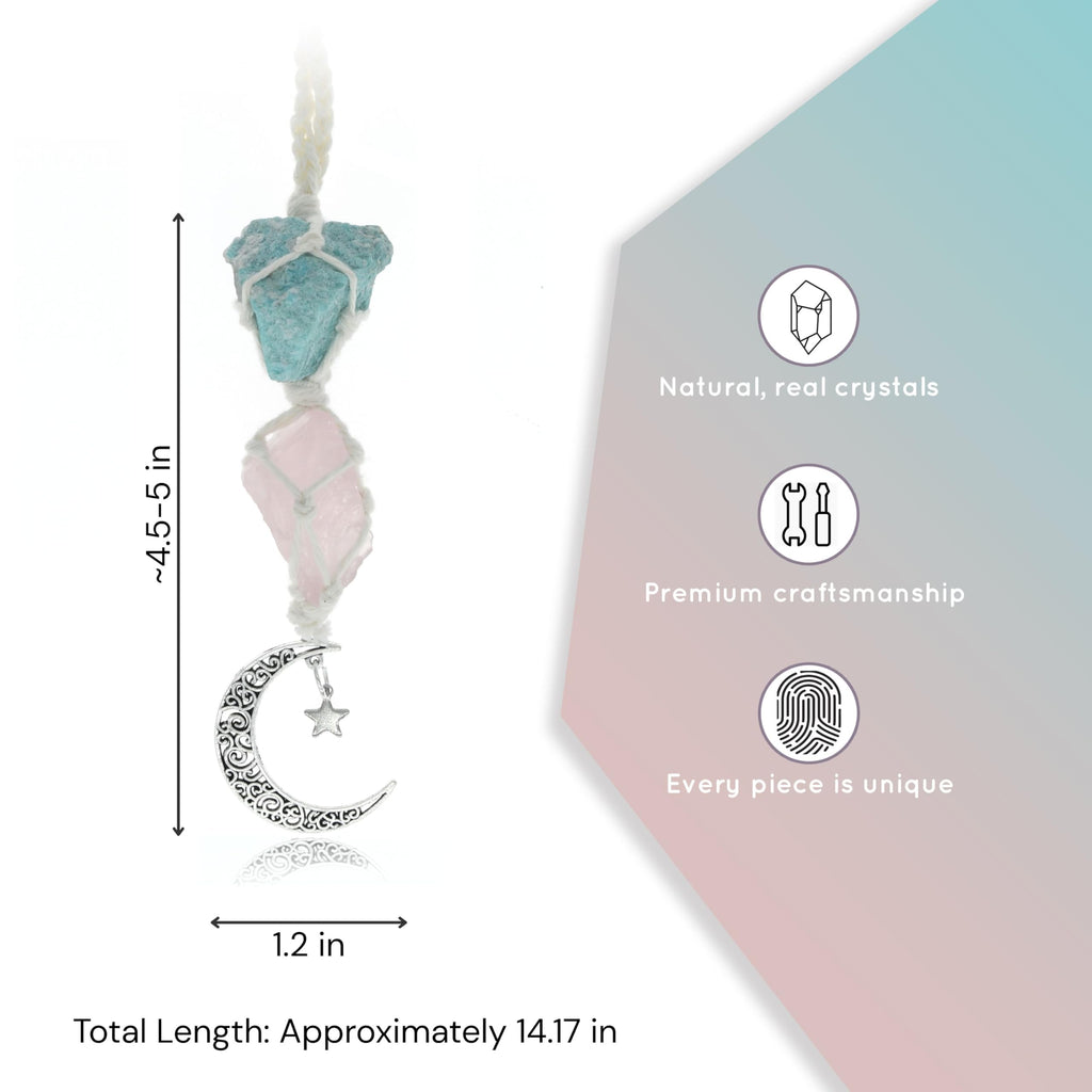 BOHO GARDEN Crystal Hanging Car Charm - Purple Rear View Mirror Hanging Car Accessories for Women, Moon Decor Hanging Ornament, Witchy Gifts and Healing Stones - Rose Quartz & Amethyst