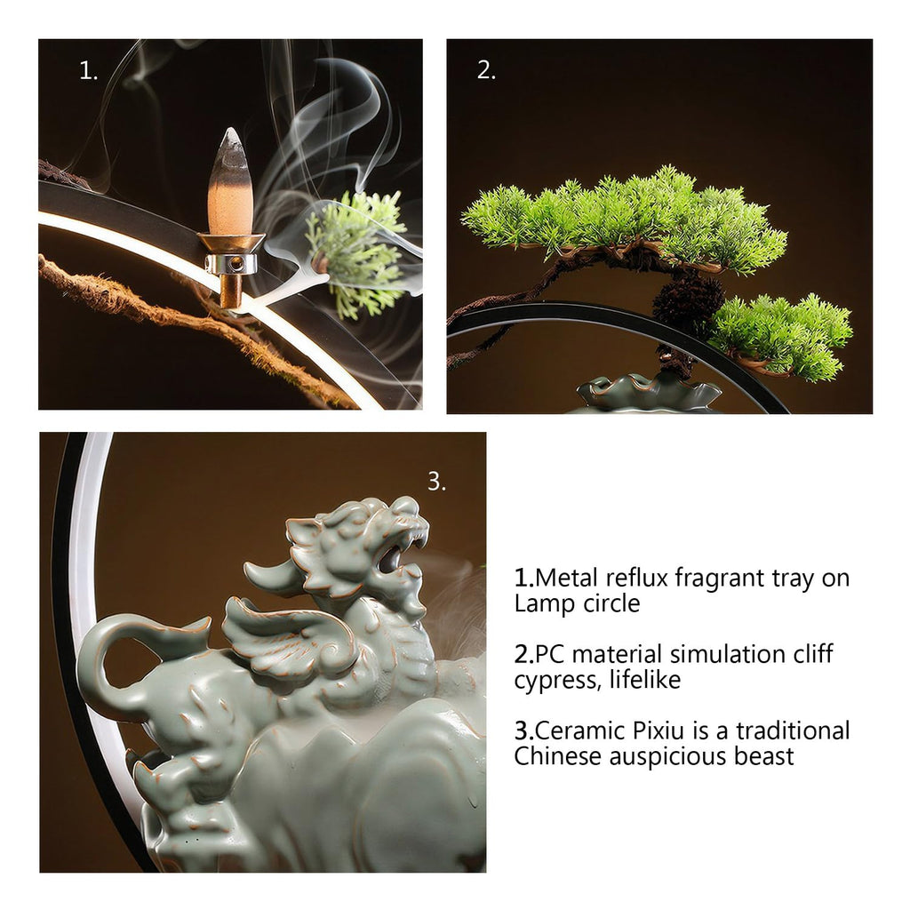 Waterfall Fountain Indoor with Mist, Tabletop Water Fountain,Desk Chinese Ceramic Pixiu Statue with LED Light Ring and Backflow Incense Burner Holder