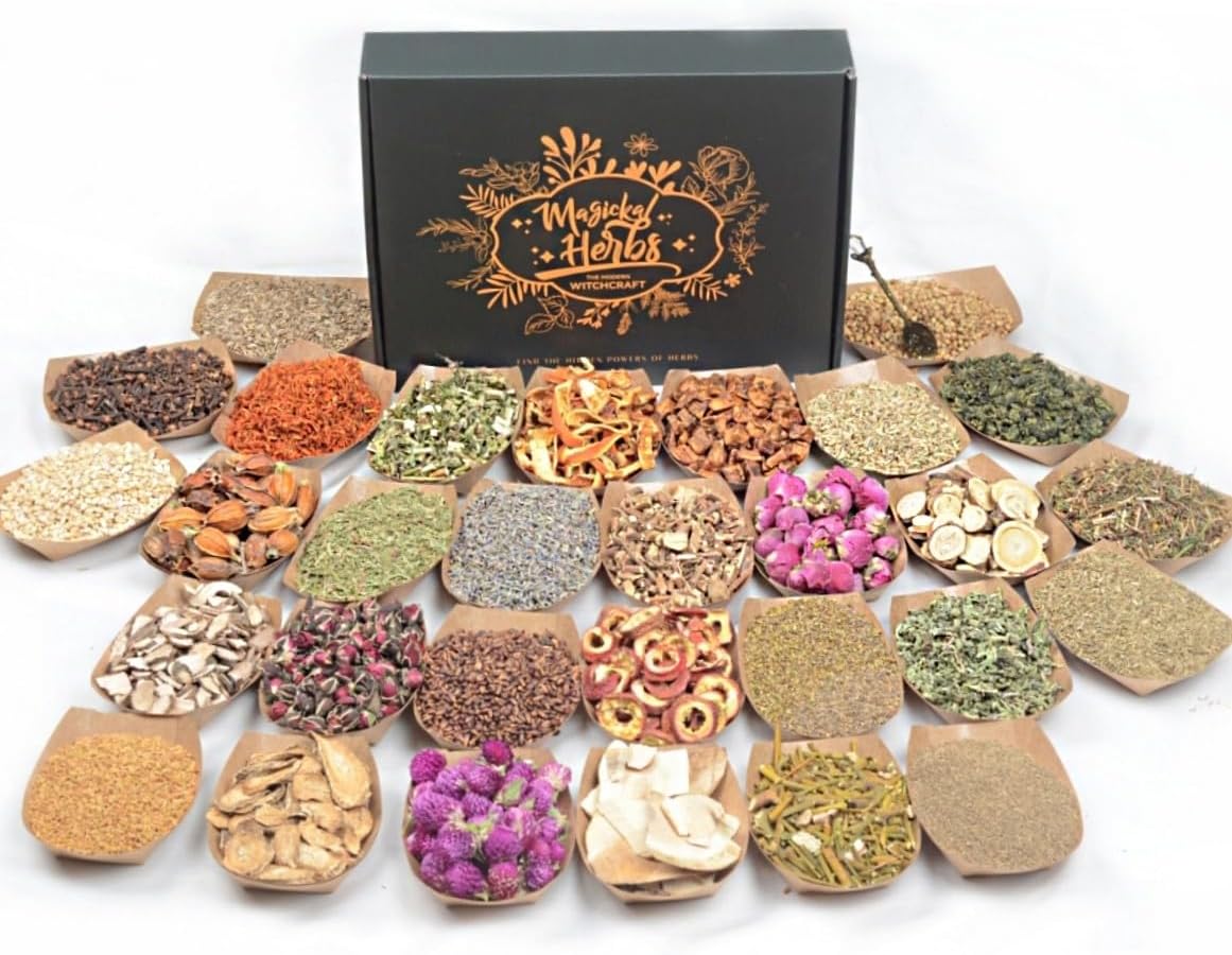 30 Dried Herbs for Witchcraft & Ritual Incense – Magical Kit for Spell Jars, Smudging, Spiritual Healing – Wiccan Altar Supplies & Crystal Spoon