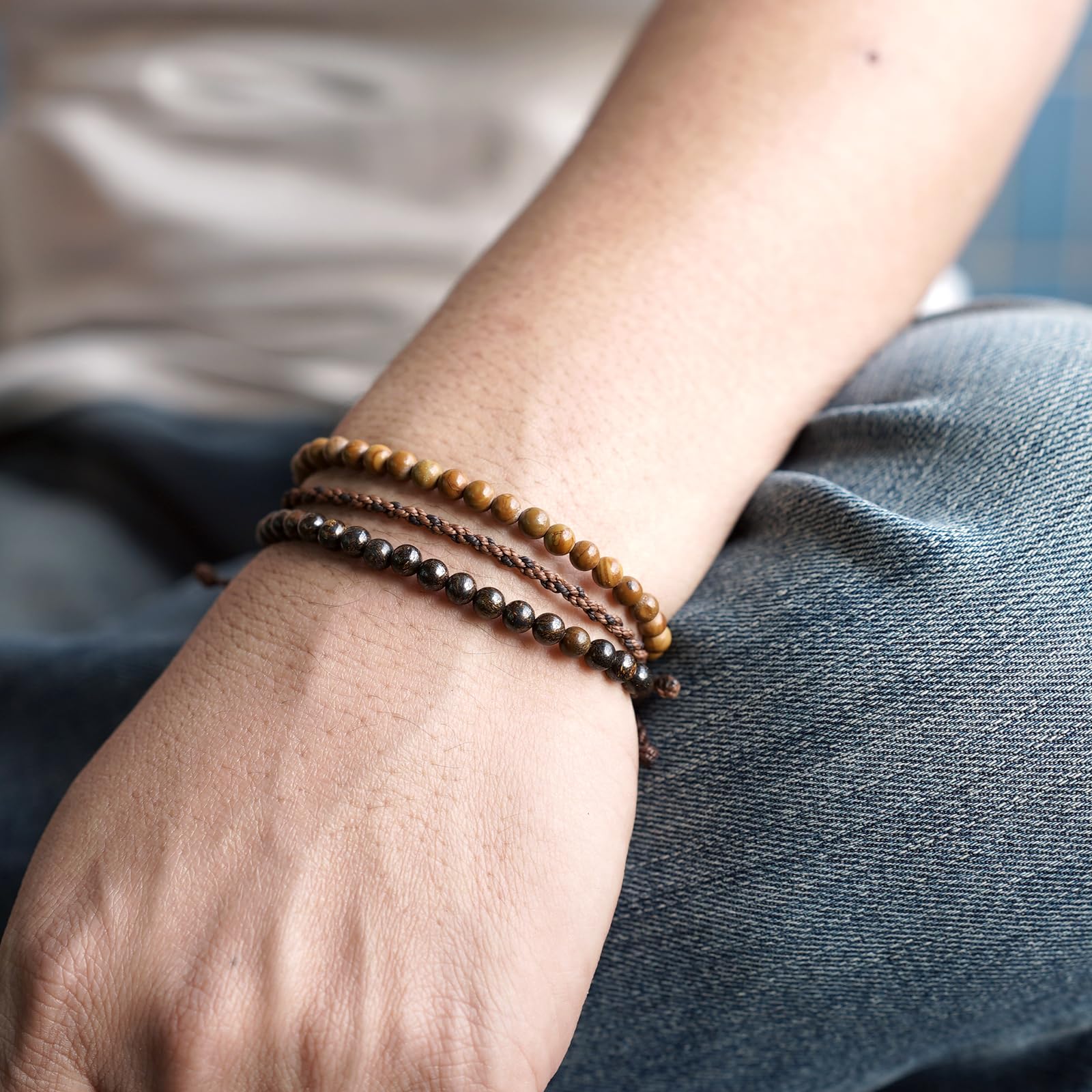 Mezcla Vida 3 Pcs Handmade Natural Gemstone Beaded Bracelet, Adjustable Waterproof Rope Bracelet Set, Valentines Day Birthday Gifts for Boyfriend Husband Him