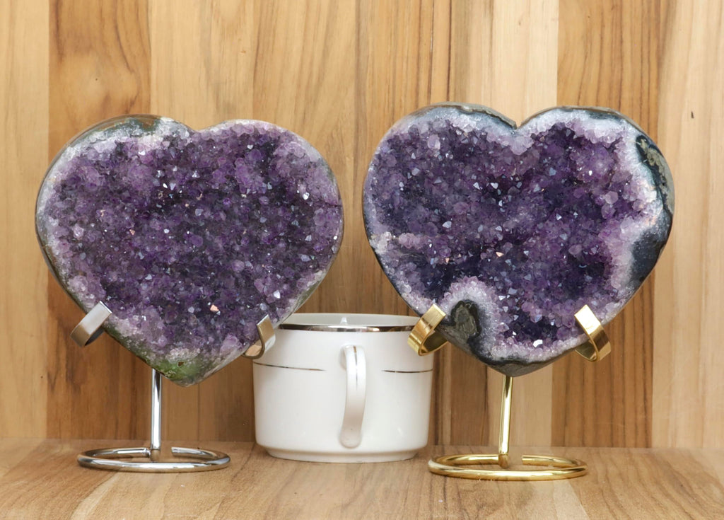 Hand-carved Amethyst Heart Cluster with Stand, Natural Raw Crystal Heart Stone 1–7 Inch tall (50g–1200g), Reiki Healing Gemstone, Love, spiritual Valentine Gift. (200-350 Grams-1.5 to 2.5" tall)