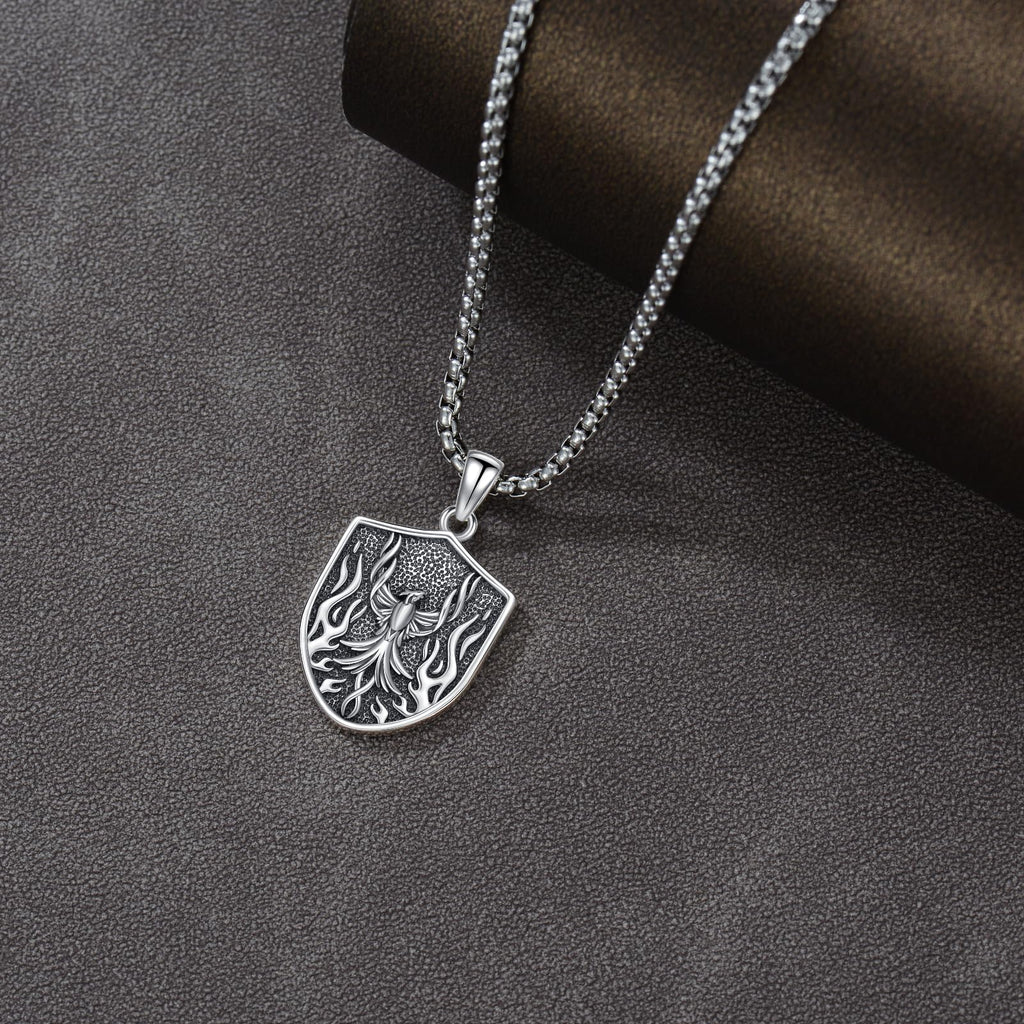 PELOVNY Phoenix Necklace 925 Sterling Silver Shield/Sword/Crystal/Tarot Card/Dog Tag/Cross/Abalone/Axe Pendant Rising Bird Jewelry for Anniversary Birthday Christmas Gifts Men Women