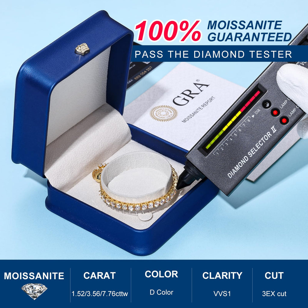 Moissanite Tennis Bracelet 1.79ct-8.69ct Adjustable Bracelet for Women 18K White Gold Plated S925 Sterling Silver Tennis Bracelet D Color VVS1 Round Cut 2/3/4mm Moissanite Bracelet Gifts for Wife/Mom