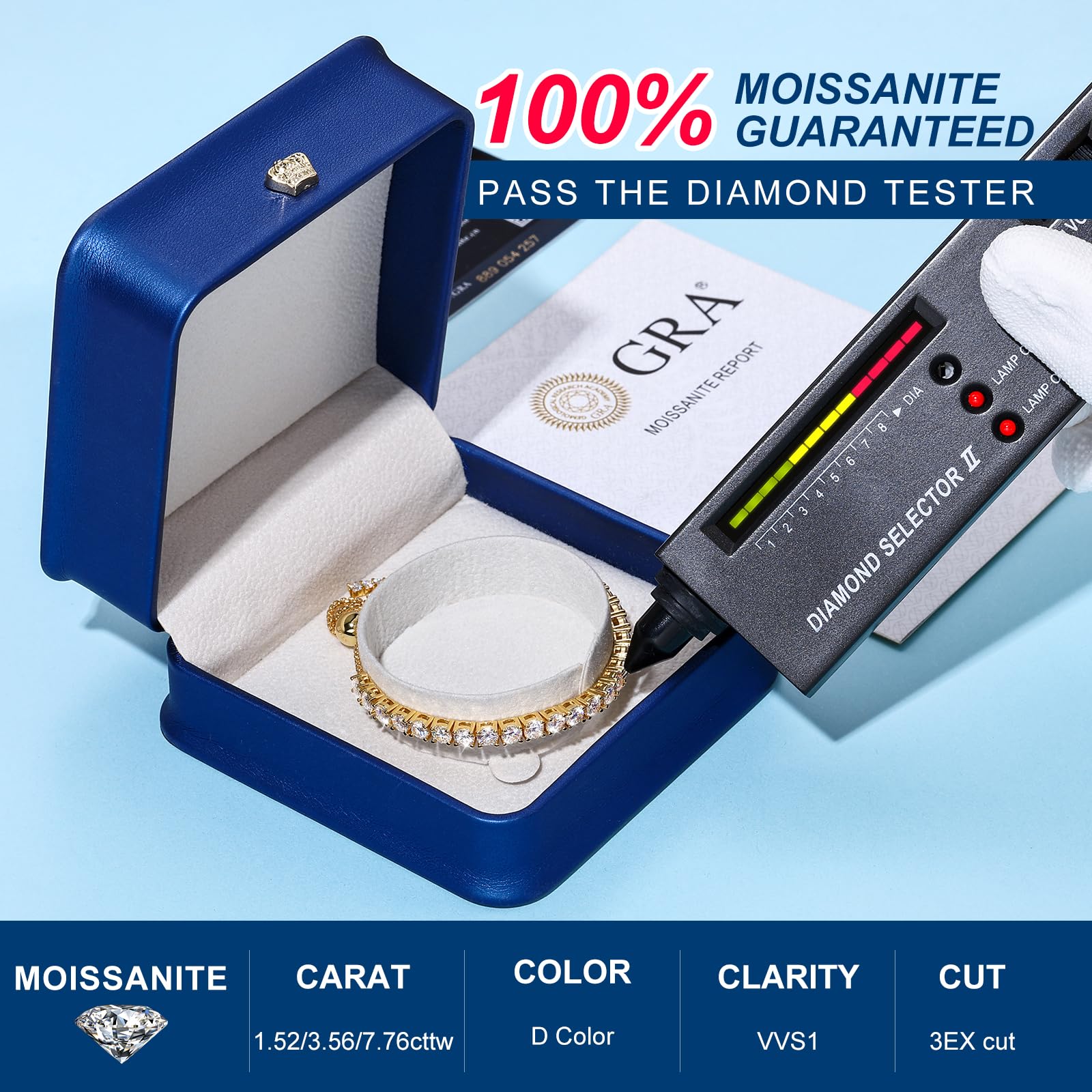 Moissanite Tennis Bracelet 1.79ct-8.69ct Adjustable Bracelet for Women 18K White Gold Plated S925 Sterling Silver Tennis Bracelet D Color VVS1 Round Cut 2/3/4mm Moissanite Bracelet Gifts for Wife/Mom