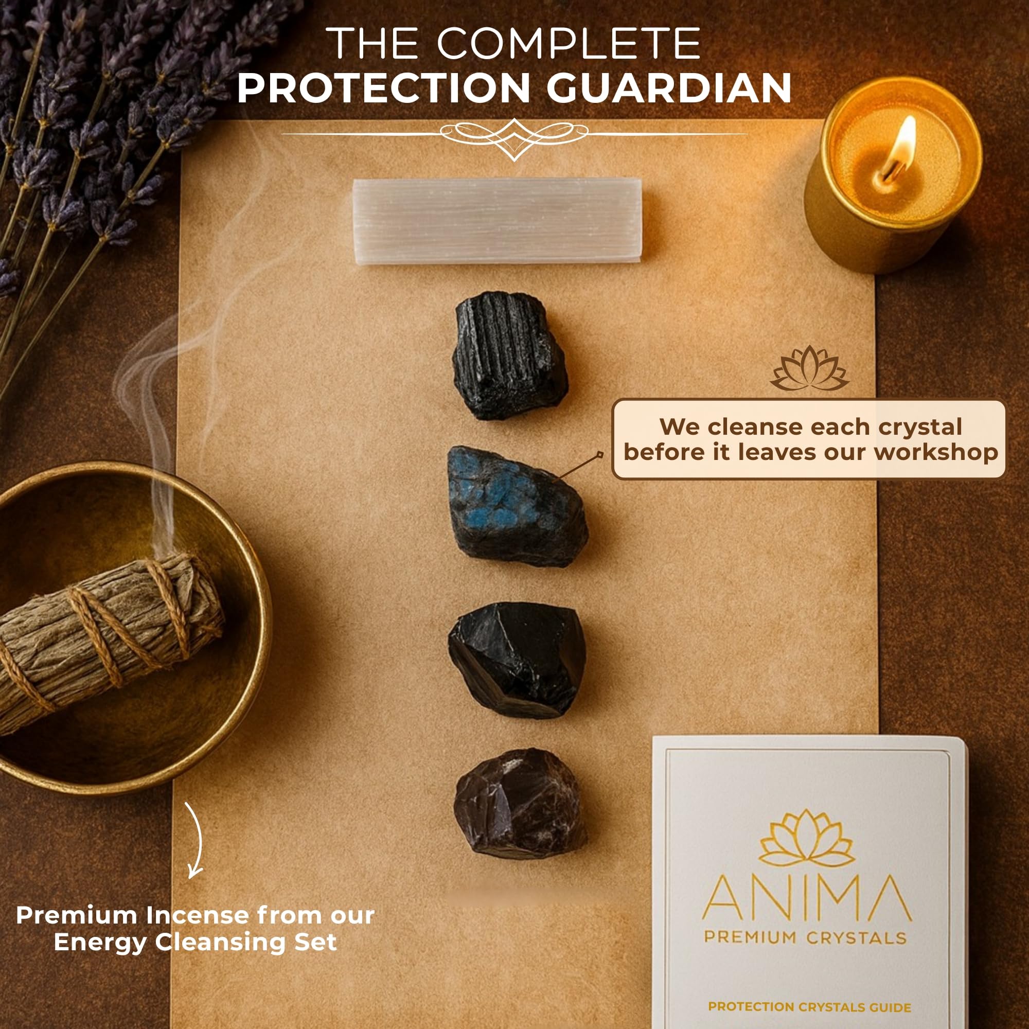 Anima Premium Protection Healing Crystals Set for Energy Shielding - Large Raw Obsidian, Black Tourmaline, Labradorite, Smoky Quartz & Selenite Bar - Wooden Gift Box and Guide Booklet Included