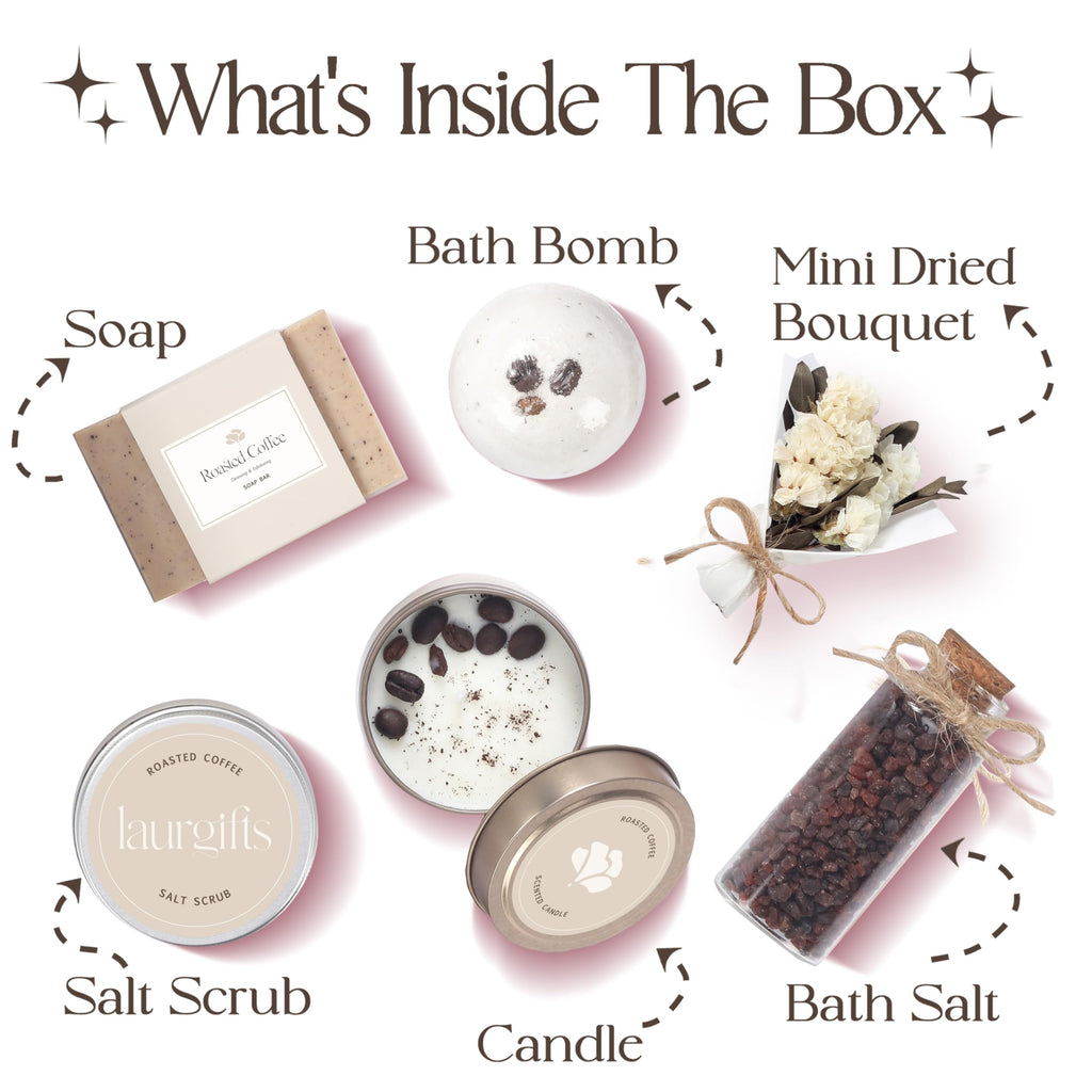 Mothers Day Spa Box for Women – Coffee Scented Candle Set with Bath Bomb & Salt Scrub, Handmade Birthday Present for Her