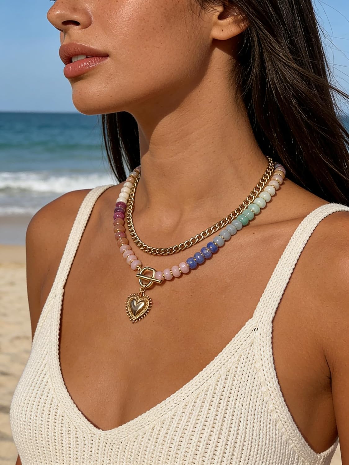 Layered Necklaces for Women, 14K Gold Plated Heart Pendant & Colorful Acrylic Beaded Choker, Cute Trendy Jewelry, Anti-Tangle Single Clasp Design, Summer Beach Boho Necklace for Women