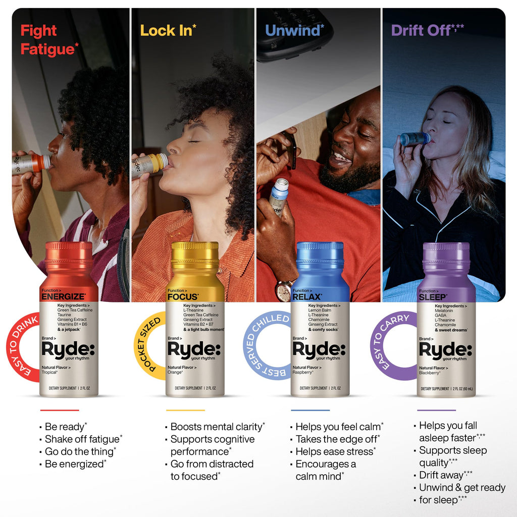 Ryde: Energize Shot | Tropical Flavor | Green Tea Caffeine, Taurine, Ginseng Extract & B Vitamins | 0 Calories, 0 Sugar | 2 FL OZ Shots | Boosts energy* (8 Pack)