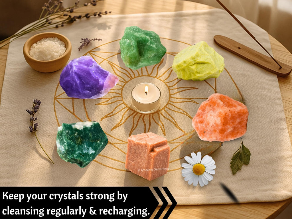 Amazing Gemstone Crystals for House Protection Manifestation, Set of 6 Amethyst, Scolecite, Shungite, Black Tourmaline, Selenite and Moss Agate Healing Crystals and Stones