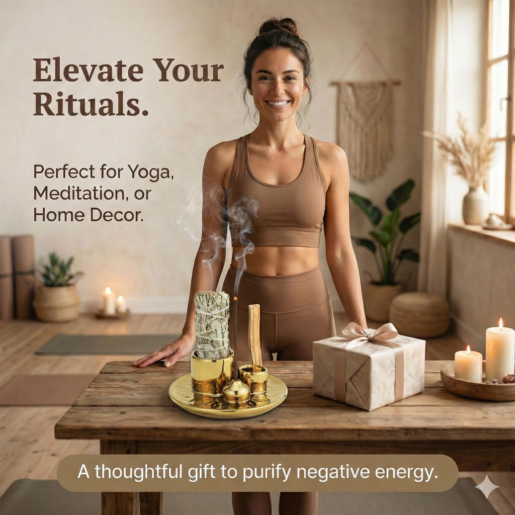 Handmade Ceramic Incense Burner for Palo Santo Incense Sticks, 4 in 1 Multi-Purpose Sage Holder for Burning, Ash Catcher Tray for Meditation Yoga Room (Golden)