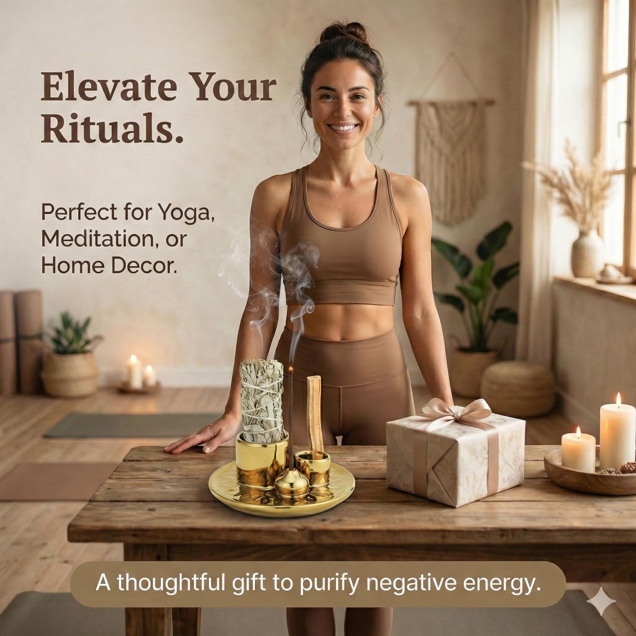 Handmade Ceramic Incense Burner for Palo Santo Incense Sticks, 4 in 1 Multi-Purpose Sage Holder for Burning, Ash Catcher Tray for Meditation Yoga Room (Golden)