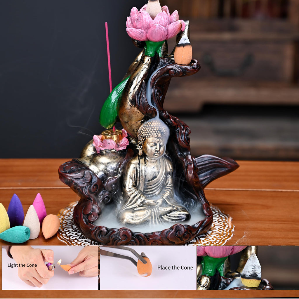 Mountain Waterfall Incense Burner，Backfall Incense Holder River, Incense Falls Meditation Decor for Room with Upgrade Incense Cones and Accessories (5in1 Palo Santo)