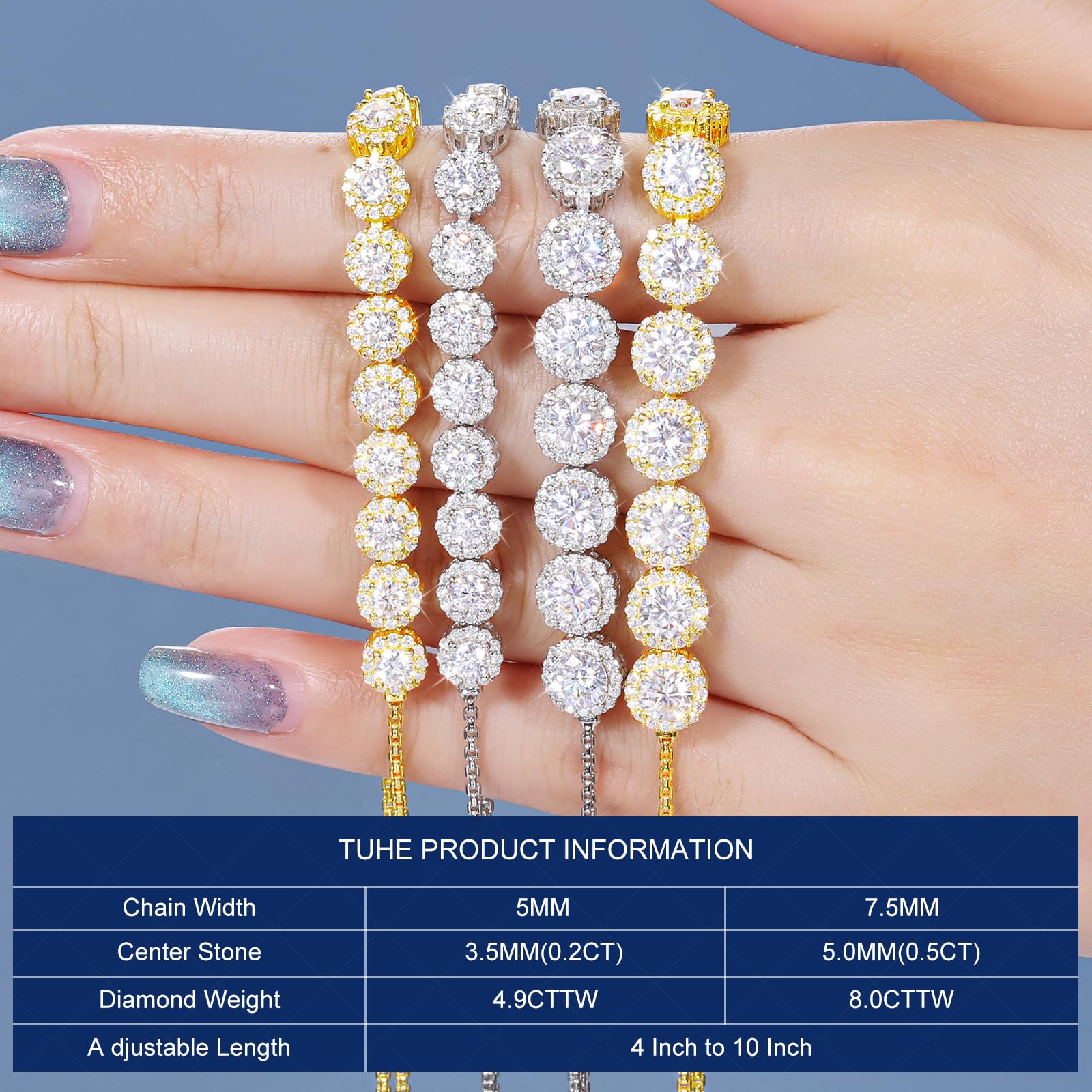 Moissanite Halo Bracelet 4.9CT-8.0CT Lab Grown Moissanite Bracelet for Women 18K White Gold Plated S925 Sterling Silver Adjustable Tennis Bracelet 5MM/7.5MM Iced Out Bracelets Cluster Jewelry