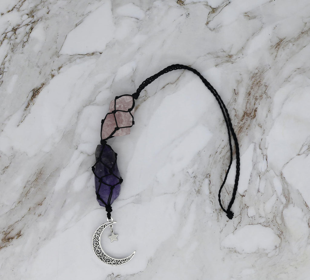 BOHO GARDEN Crystal Hanging Car Charm - Purple Rear View Mirror Hanging Car Accessories for Women, Moon Decor Hanging Ornament, Witchy Gifts and Healing Stones - Rose Quartz & Amethyst
