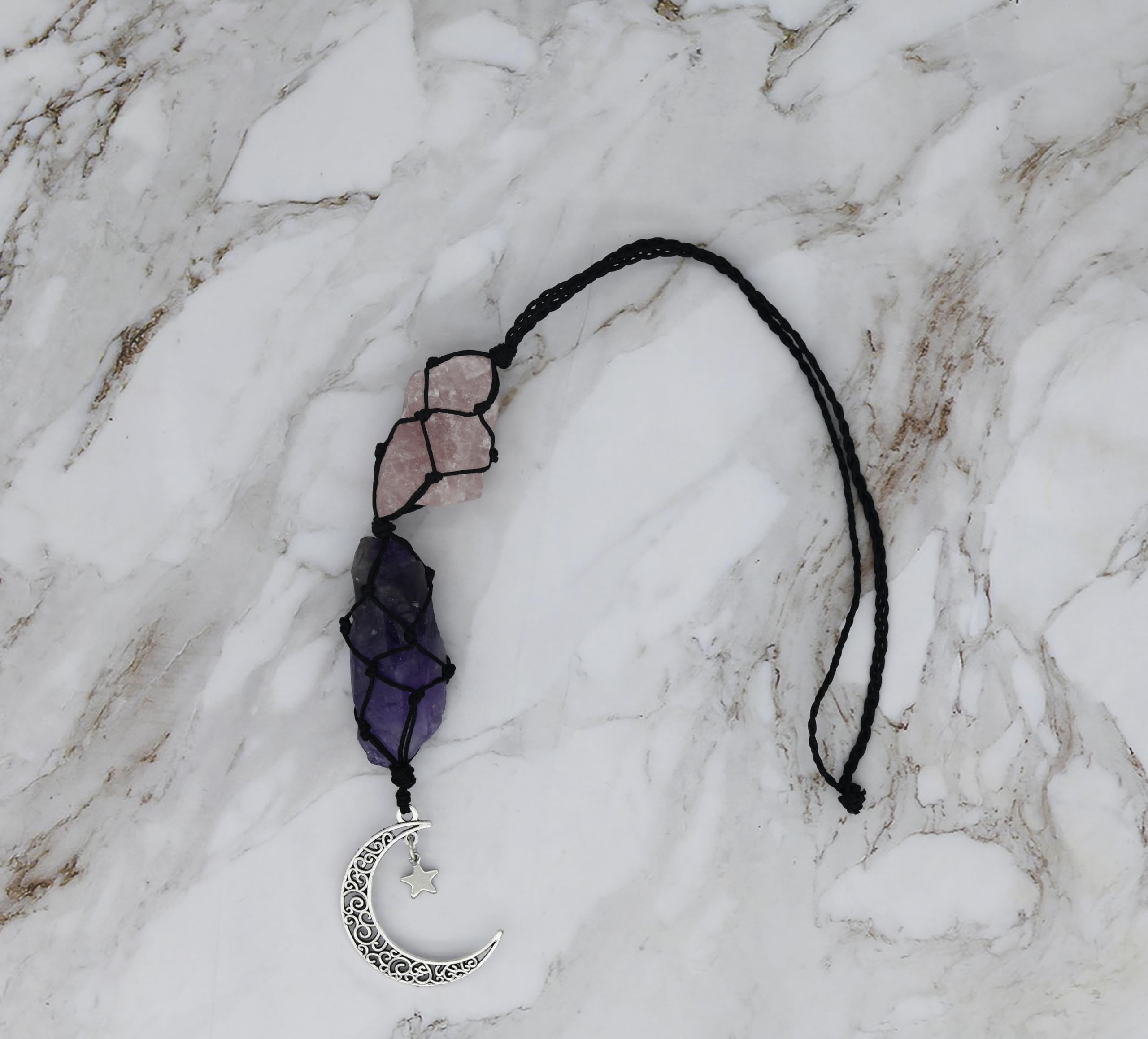 BOHO GARDEN Crystal Hanging Car Charm - Purple Rear View Mirror Hanging Car Accessories for Women, Moon Decor Hanging Ornament, Witchy Gifts and Healing Stones - Rose Quartz & Amethyst