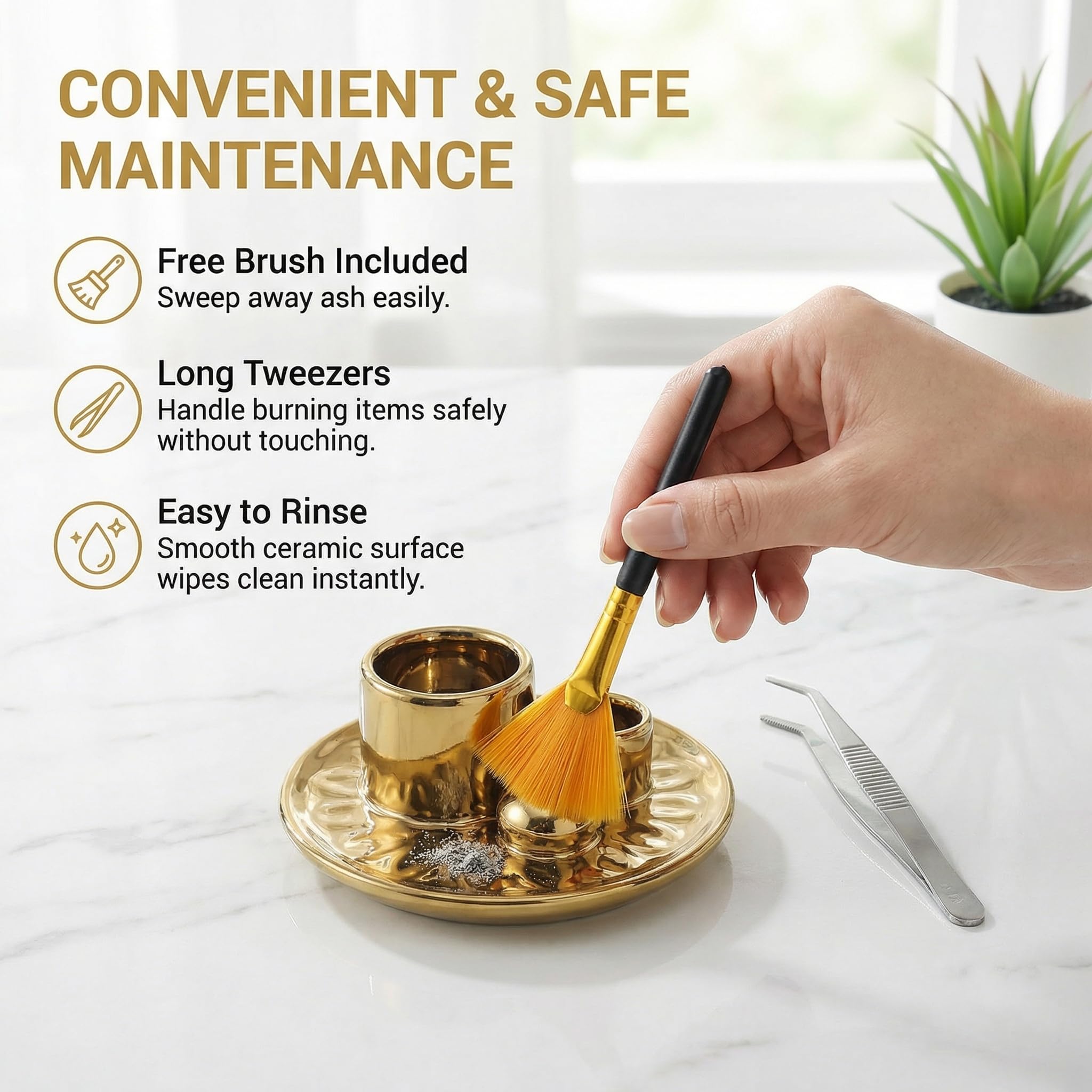 Handmade Ceramic Incense Burner for Palo Santo Incense Sticks, 4 in 1 Multi-Purpose Sage Holder for Burning, Ash Catcher Tray for Meditation Yoga Room (Golden)