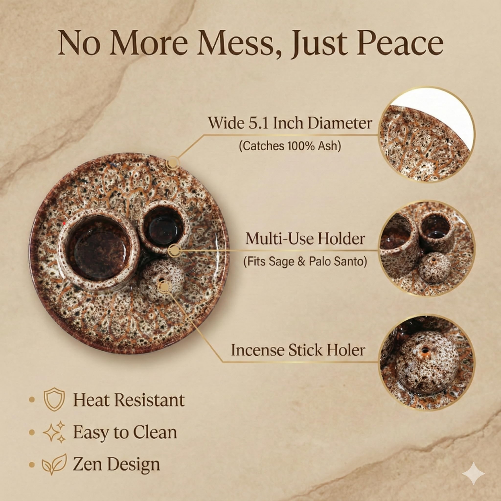 Handmade Ceramic Incense Burner for Palo Santo Incense Sticks, 4 in 1 Multi-Purpose Sage Holder for Burning, Ash Catcher Tray for Meditation Yoga Room (Golden)