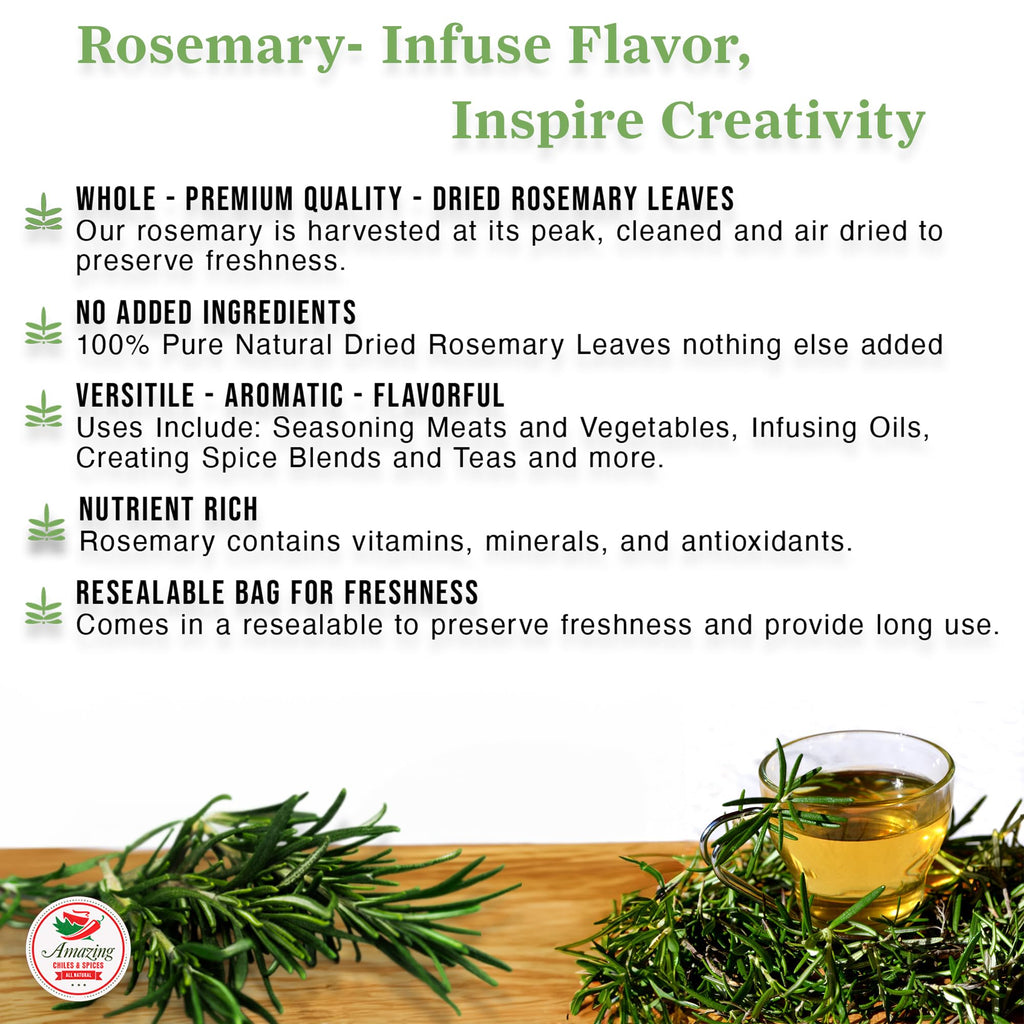 Dried Rosemary Leaves, 12 oz Premium All Natural Herbs and Spices for Meat, Fish, Oils, Dips, Tea. Farm Fresh, Rich Savory Flavor by Amazing Chiles & Spices