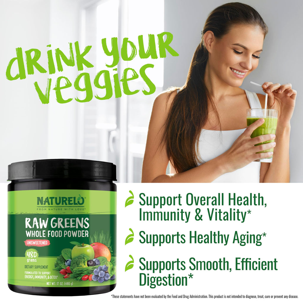 NATURELO Raw Greens Superfood Powder - Unsweetened - Boost Energy, Detox, Enhance Health - Organic Spirulina - Wheat Grass - Whole Food Nutrition from Fruits & Vegetables - 240 Grams
