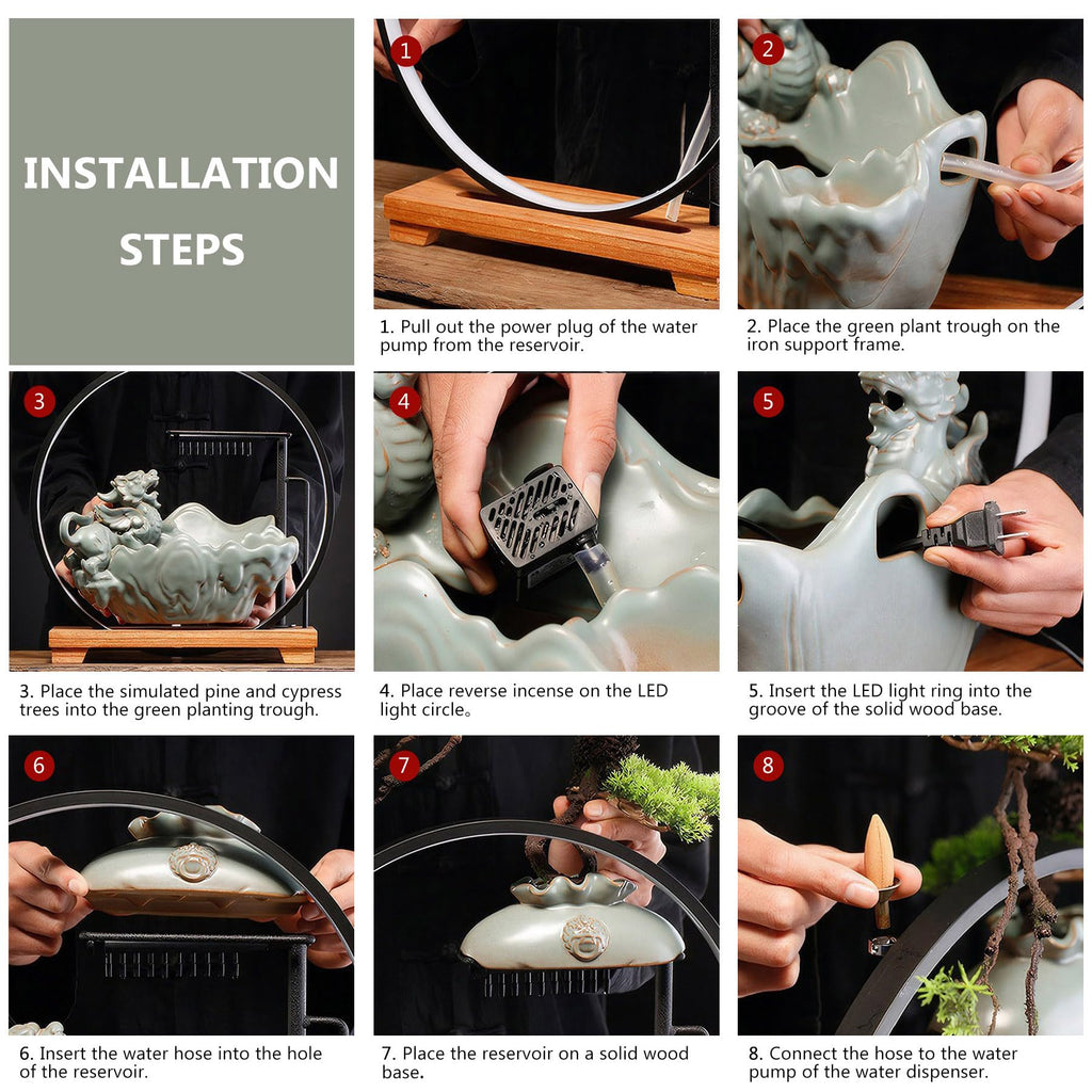 Waterfall Fountain Indoor with Mist, Tabletop Water Fountain,Desk Chinese Ceramic Pixiu Statue with LED Light Ring and Backflow Incense Burner Holder