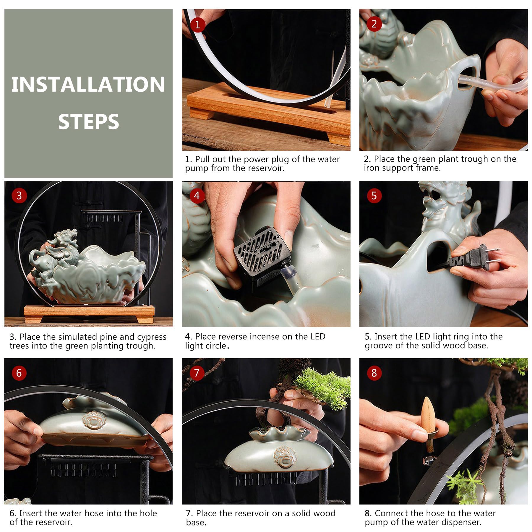 Waterfall Fountain Indoor with Mist, Tabletop Water Fountain,Desk Chinese Ceramic Pixiu Statue with LED Light Ring and Backflow Incense Burner Holder