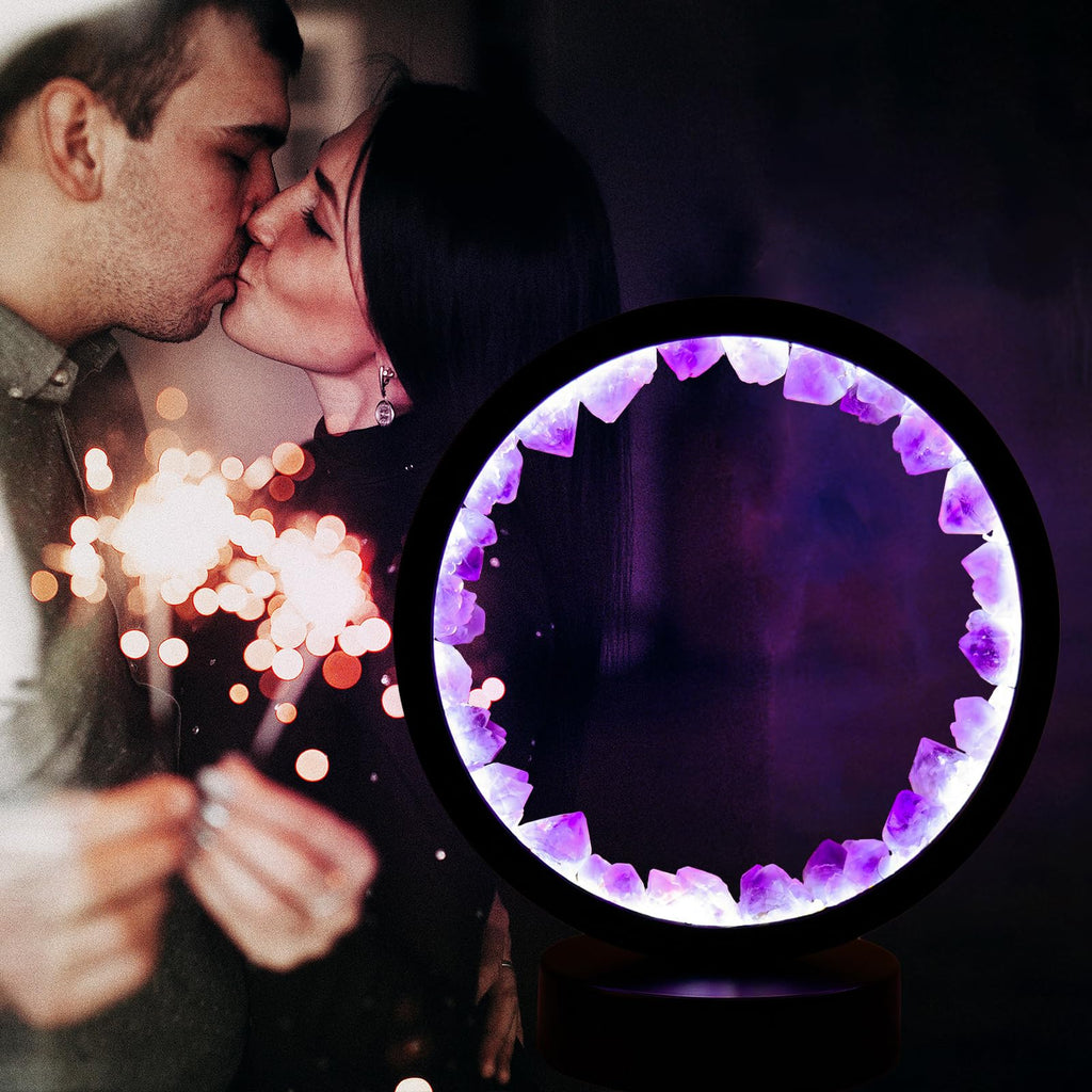 Runyangshi Amethyst Night Lamp 8.6" Natural Healing Crystal Bedside Lamp USB Port 3 Colours Dimming Mode Bedroom Lamp Suitable Night Light for Living Room Bedroom Office Home Decor Ideal Gift