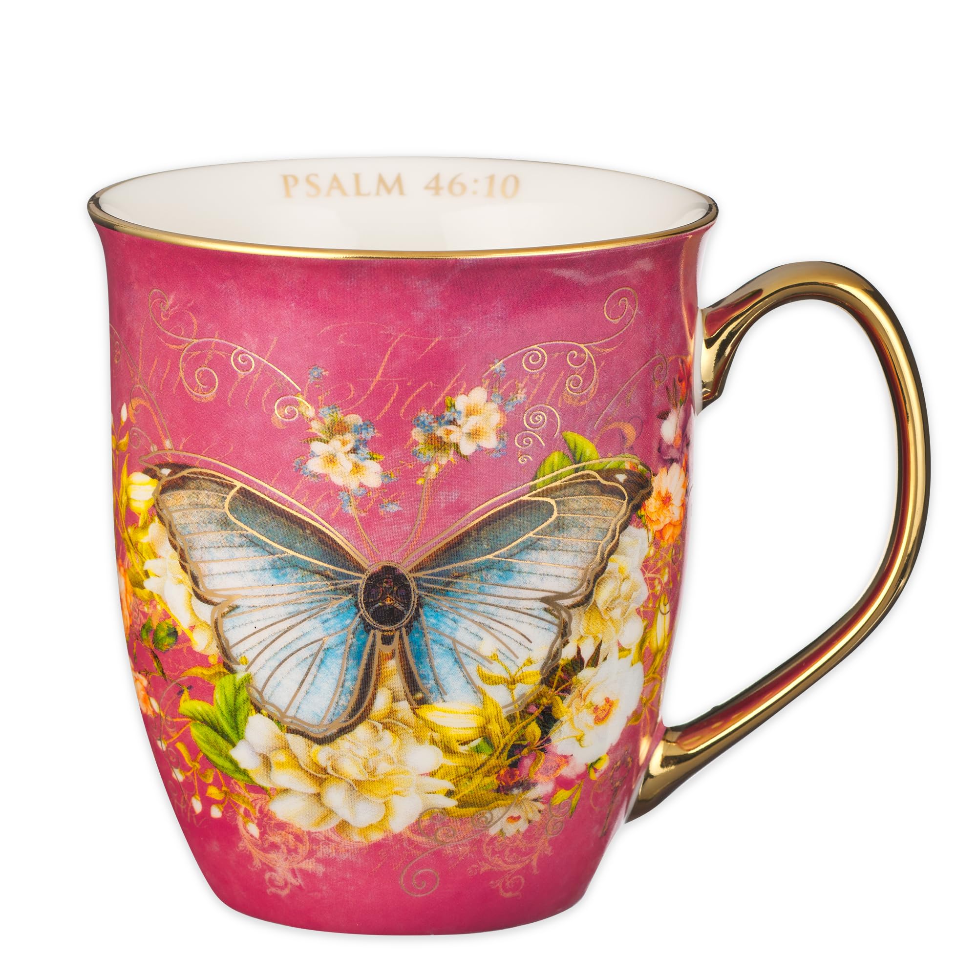 Christian Art Gifts Pink Butterfly Ceramic Coffee Mug with Gold Accents – 14 oz. Lead and Cadmium-free Inspirational Scripture Coffee and Tea Mug for Women with Bible Verse: Be Still – Psalm 46:10