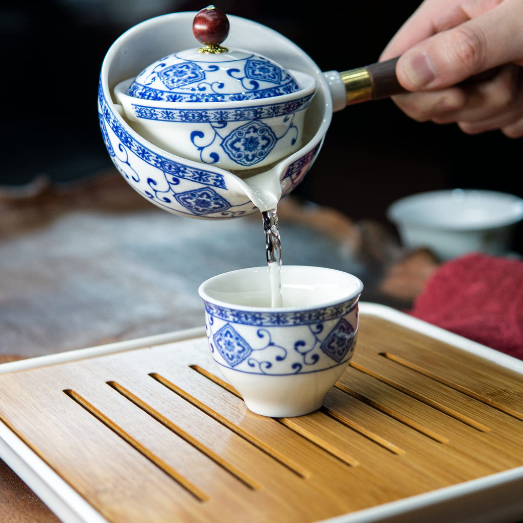 LURRIER Porcelain Chinese Gongfu Tea Set,Portable Teapot Set with 360 Rotation Tea maker and Infuser,Portable All in One Gift Bag for Travel,Home,Gifting,Outdoor and Office (Sakura)