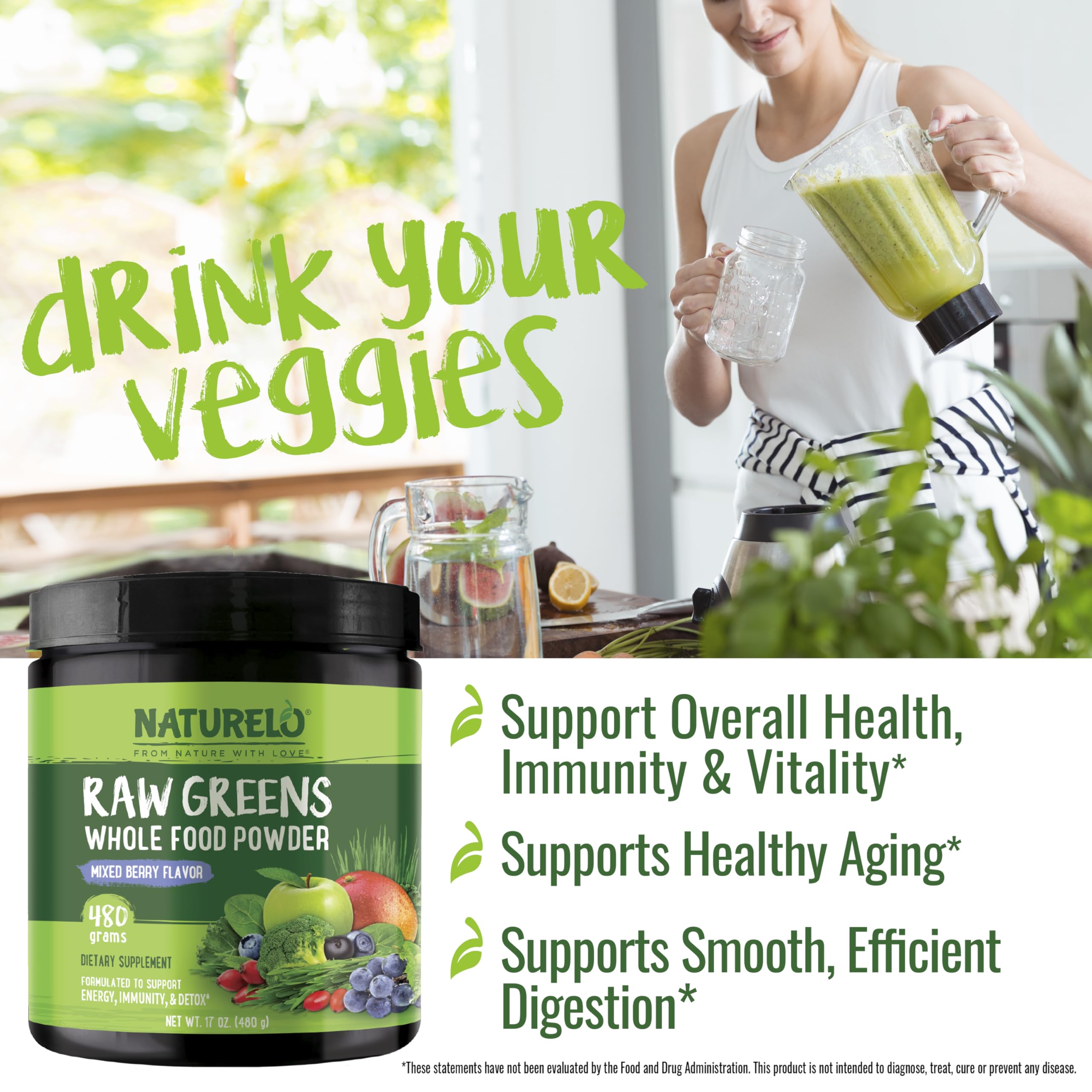 NATURELO Raw Greens Superfood Powder - Unsweetened - Boost Energy, Detox, Enhance Health - Organic Spirulina - Wheat Grass - Whole Food Nutrition from Fruits & Vegetables - 240 Grams