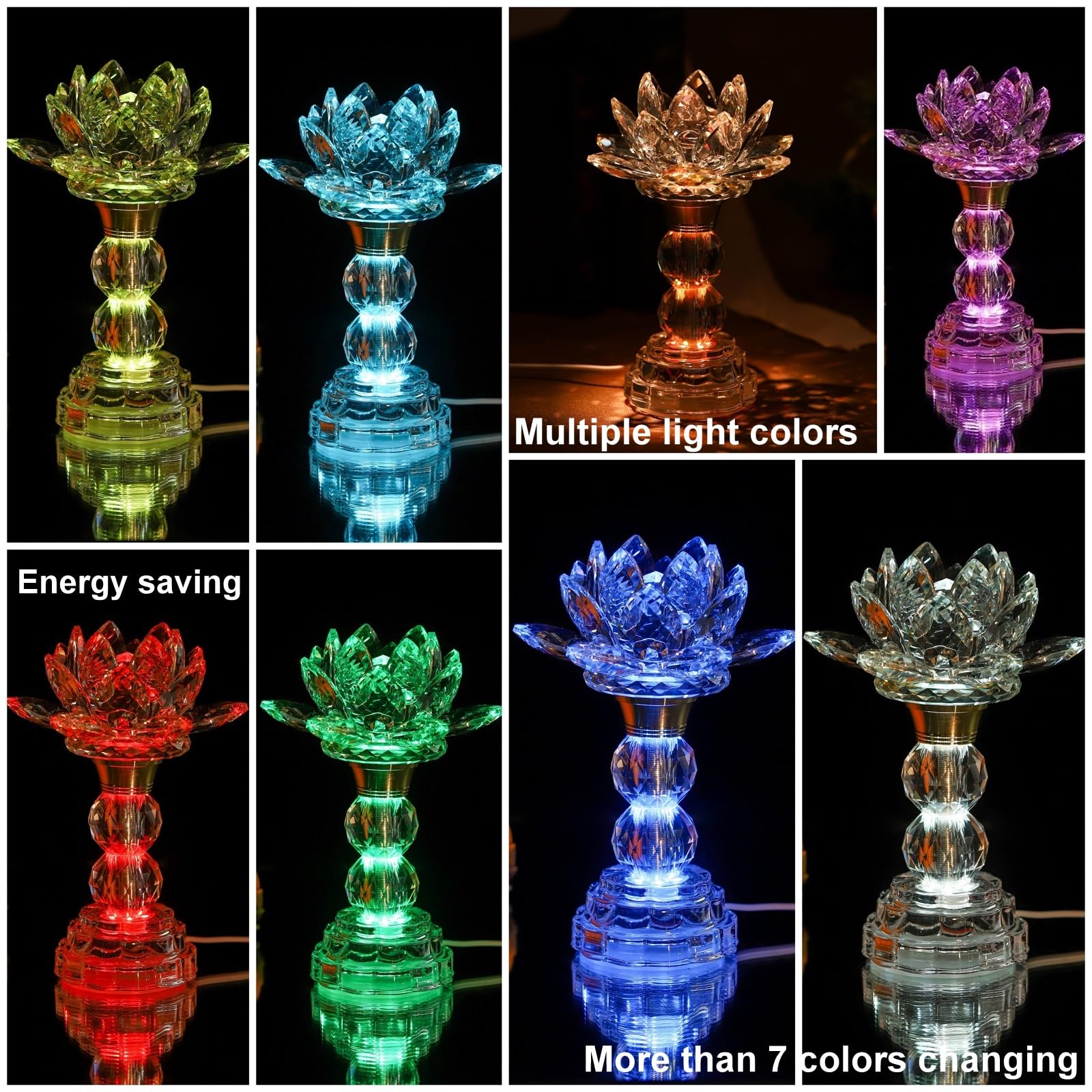 LED Crystal Lotus Flower Lamp – USB Powered Buddha Light for Worship, Prayer and Display,Lotus Flower Light for Bedroom, Buddhist Supplies,Shrine,Meditation Room 8’’ (Blooming Lotus)