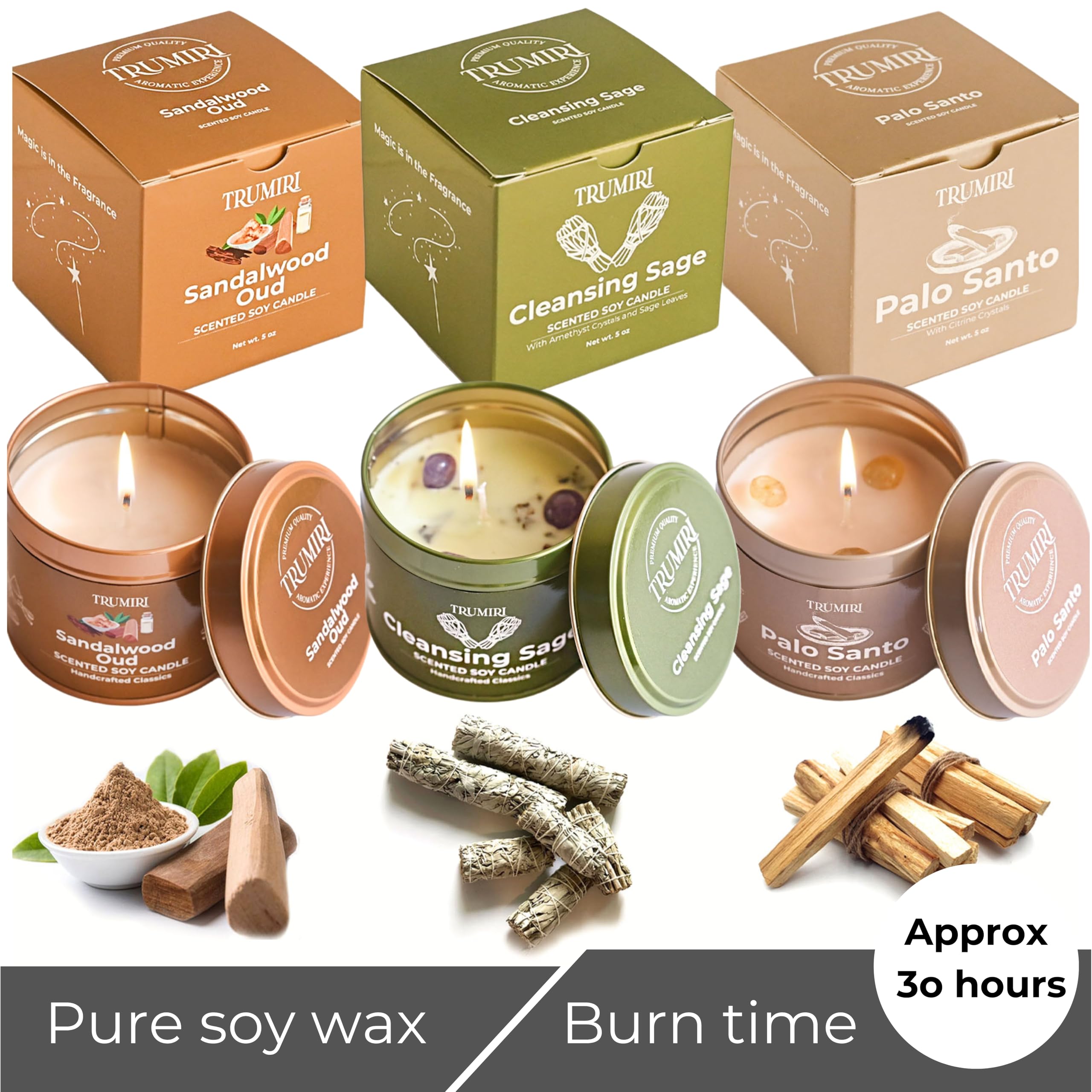 Sage Candle for Cleansing House Negative Energy Smudge Kit - 5oz Soy Wax Natural Clean Organic Non Toxic - Aromatherapy Spiritual Meditation Gifts - Long Lasting Highly Scented Candel with Crystals
