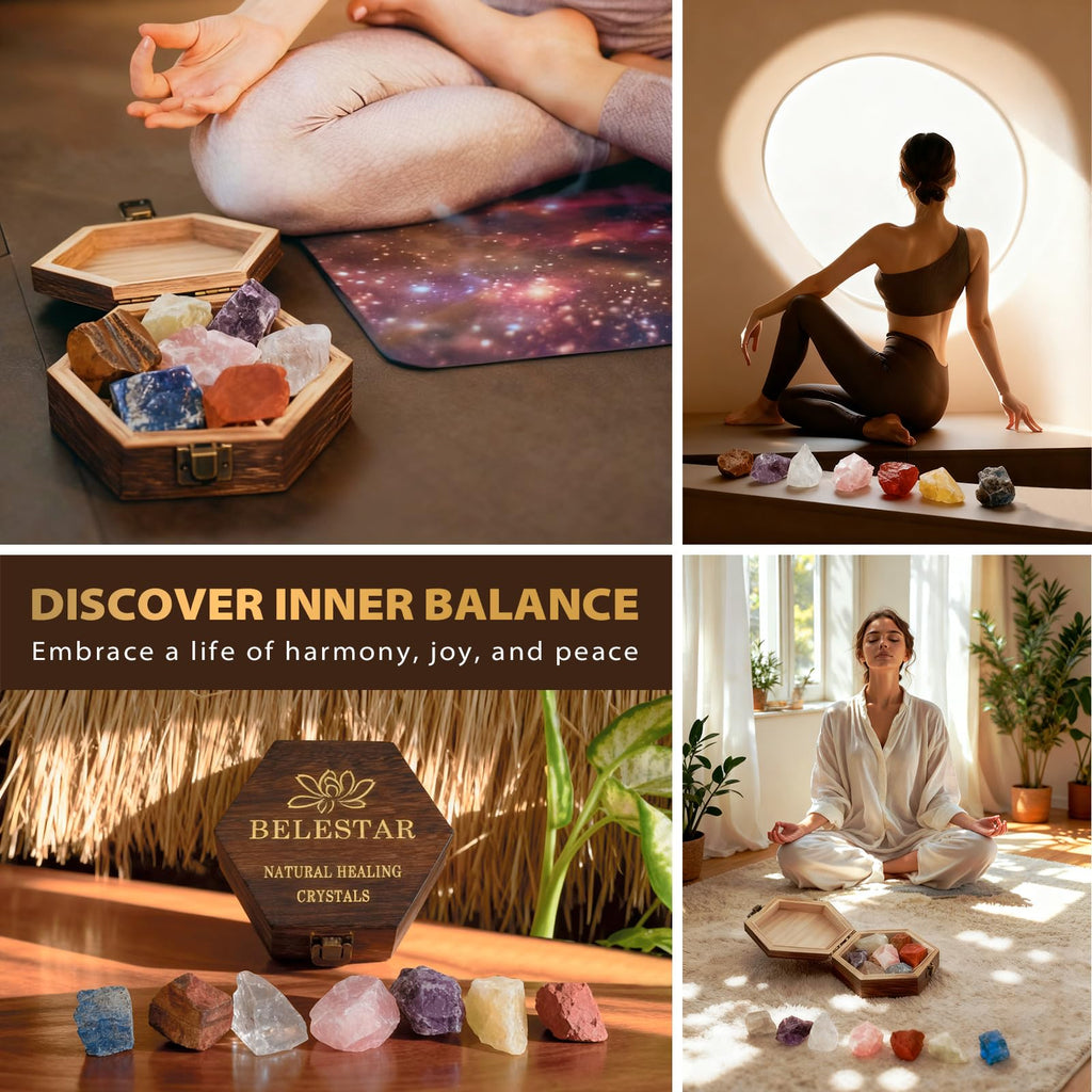 7 Chakra Healing Crystals Set - Large Raw Stones Energy Alignment Kit with Wooden Gift Box & Guidebook