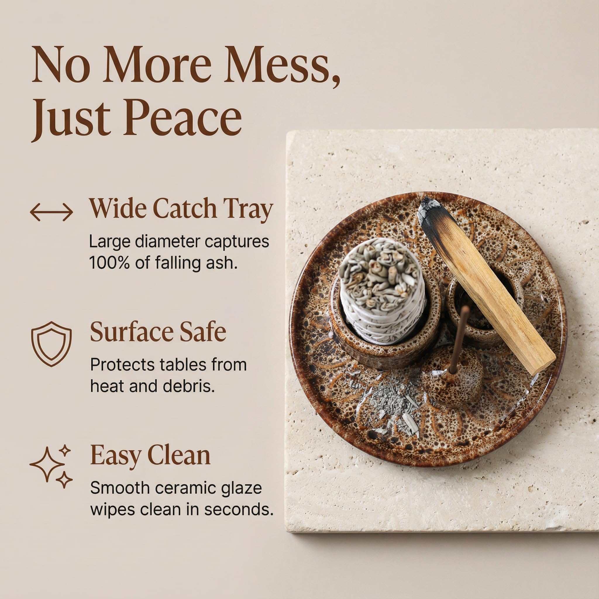 Handmade Ceramic Incense Burner for Palo Santo Incense Sticks, 4 in 1 Multi-Purpose Sage Holder for Burning, Ash Catcher Tray for Meditation Yoga Room (Golden)