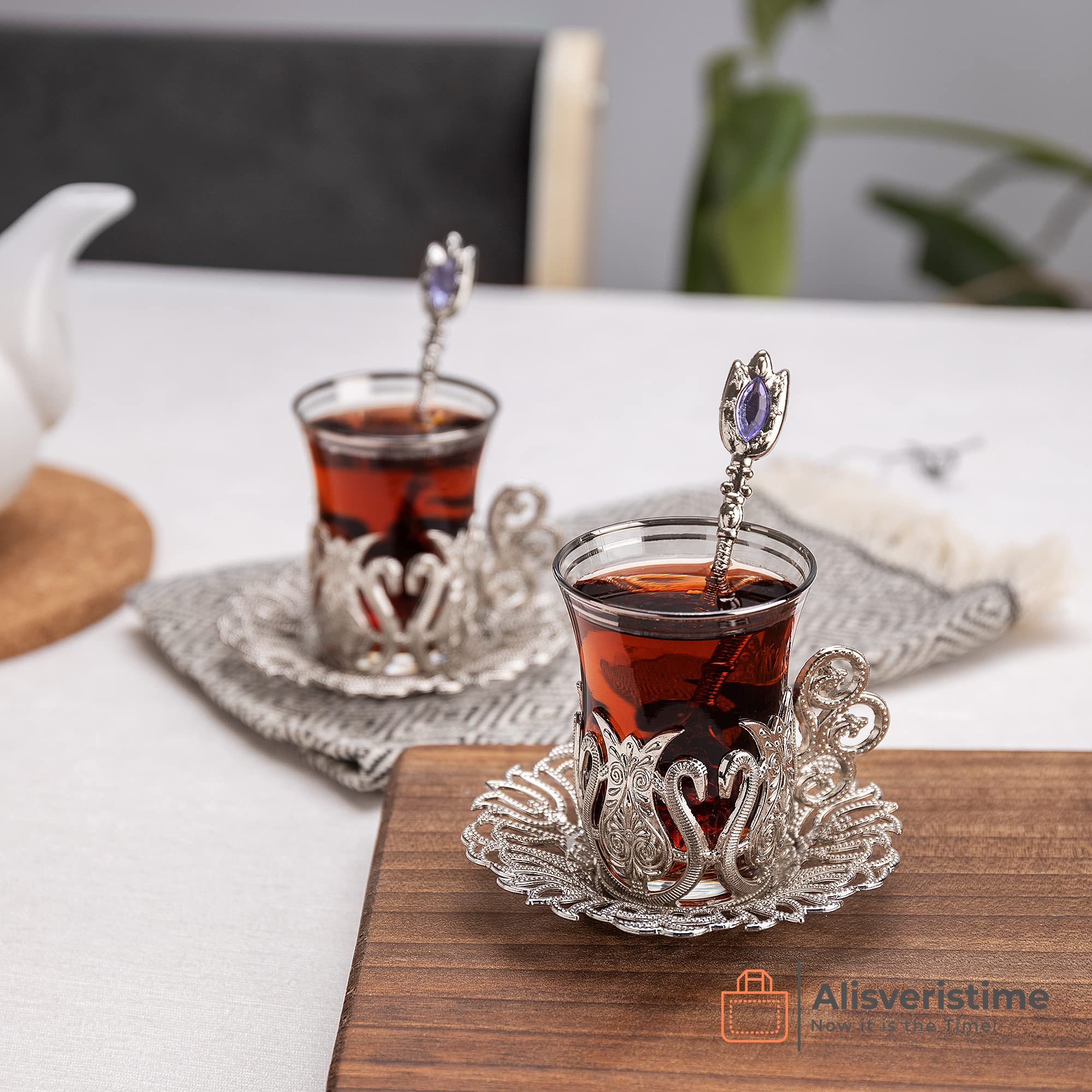 Alisveristime (SET OF 6 Handmade Turkish Tea Water Zamzam Serving Set Glasses Saucer and Spoon (Ottoman) (Gold)