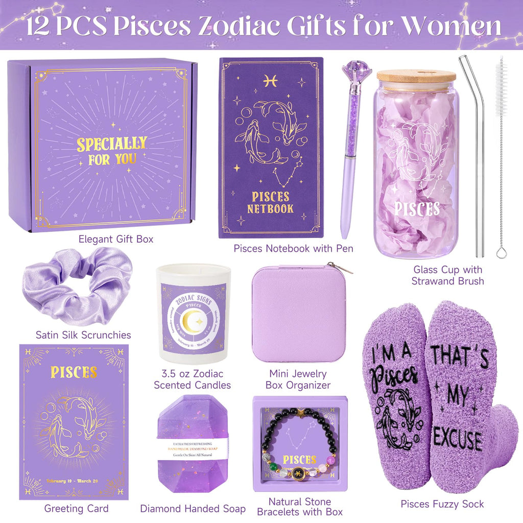 Pisces Birthday Gifts for Women, 12PCS Purple Zodiac Gift Baskets for Women with 16 oz Pisces Glass Cup Candle Mini Jewelry Gift Box, Unique Womens Birthday Gifts for Best Friend, Her, Mom, Sister