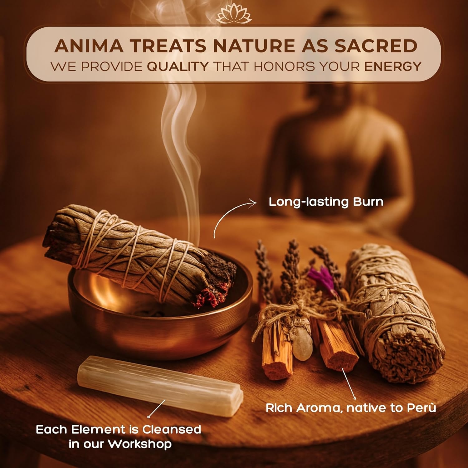 Anima Premium Energy Cleansing Set – White Sage Smudge Sticks, Palo Santo Sticks, Clear Quartz & Selenite Crystal with Smudge Bowl for Crystals & Home Cleansing, Meditation & Manifestation