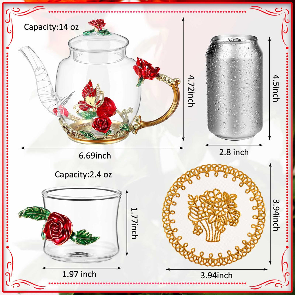 7 Pcs Floral Glass Tea Set for Women 14 oz Butterfly Vintage Teapot Set for Adults Glass Tea Gift for Valentine Spring Party Mother's Day Girlfriend Fancy Pot Cups with Gift Box(Blue)