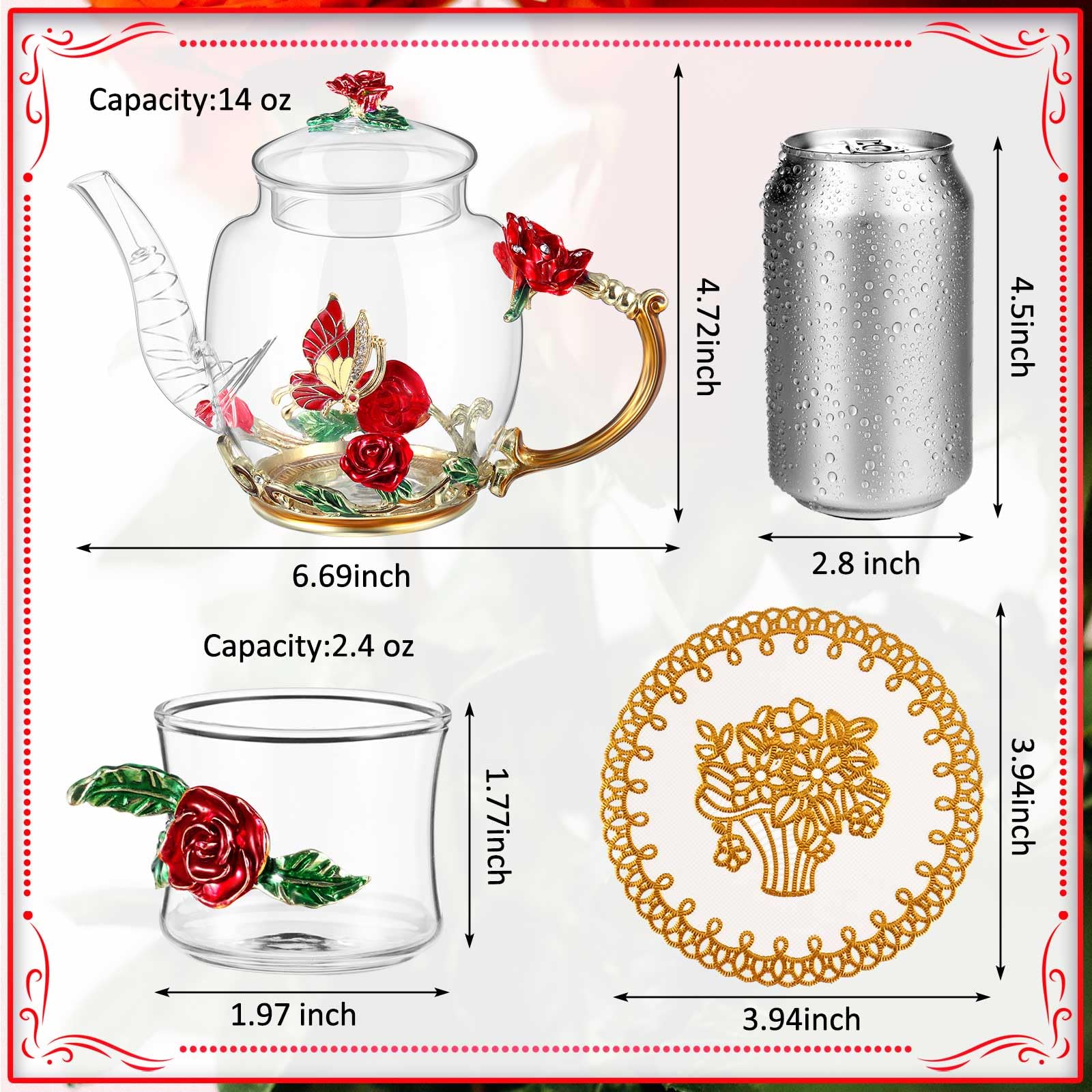 7 Pcs Floral Glass Tea Set for Women 14 oz Butterfly Vintage Teapot Set for Adults Glass Tea Gift for Valentine Spring Party Mother's Day Girlfriend Fancy Pot Cups with Gift Box(Blue)