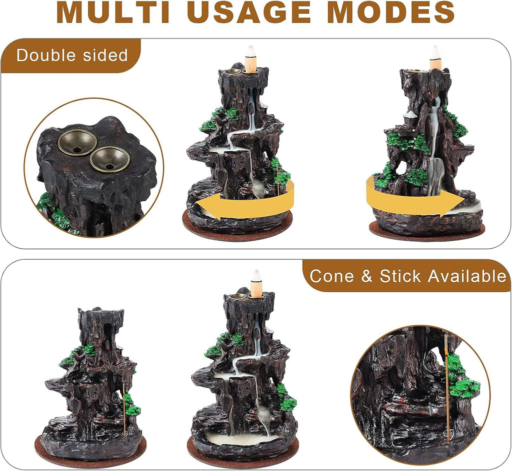 SPACEKEEPER Incense Burner, Backflow Incense Holder 2 Sides Waterfall Incense Burnier with 120 Backflow Incense Cones, 30 Incense Sticks, Aromatcherapy Ornamen for Home