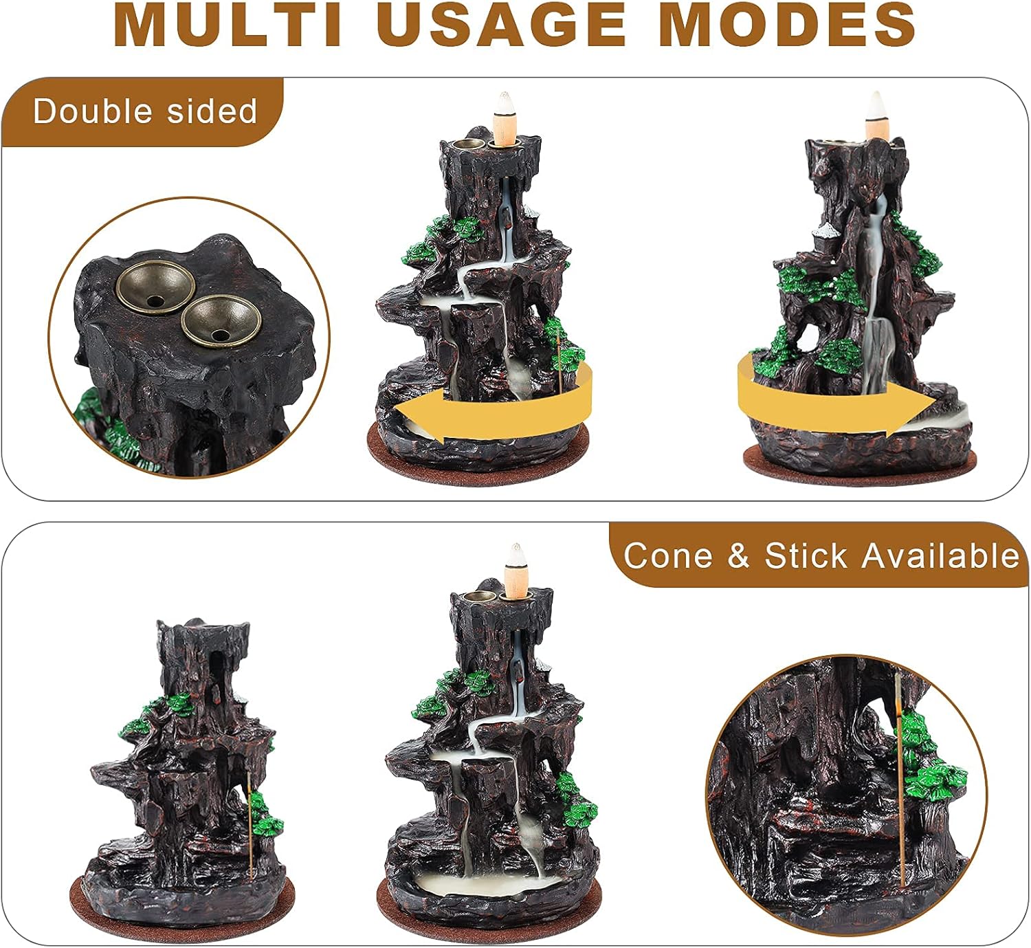 SPACEKEEPER Incense Burner, Backflow Incense Holder 2 Sides Waterfall Incense Burnier with 120 Backflow Incense Cones, 30 Incense Sticks, Aromatcherapy Ornamen for Home