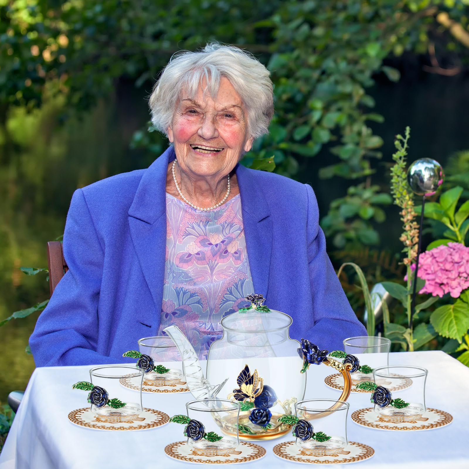 7 Pcs Floral Glass Tea Set for Women 14 oz Butterfly Vintage Teapot Set for Adults Glass Tea Gift for Valentine Spring Party Mother's Day Girlfriend Fancy Pot Cups with Gift Box(Blue)