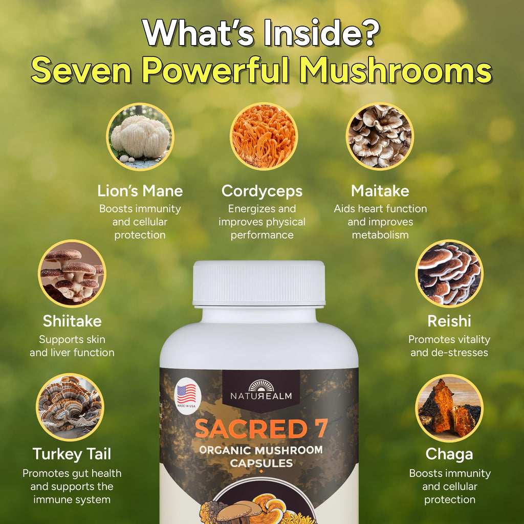 Naturealm Sacred 7 Organic Mushroom Powder Supplement | 7-Month Supply | 7-in-1 Blend with Lions Mane, Reishi, Chaga | Brain & Immune Support | 100% Fruiting Bodies for Coffee & Smoothies