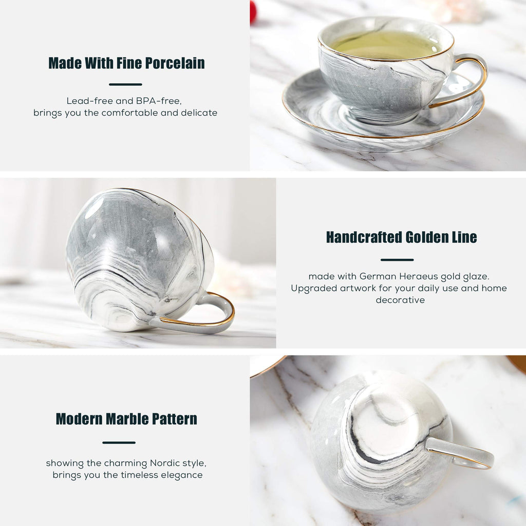 DUJUST 21 pcs Small Tea Set of 6, Pink Marble Set, Handcraft Golden Trim, Porcelain Tea Pot Set for Kids&Adults, 1 Glass Teapot(22oz), 6 Cups(4oz), 6 Saucers, 6 Spoons, 1 Shelf&1 Warmer